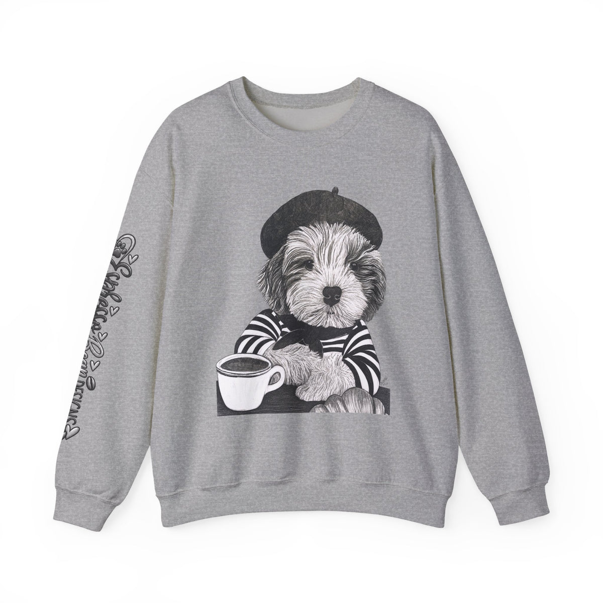 French Pup Pierre Coffee Sweatshirt — Cute Puppy in Beret Graphic Crewneck