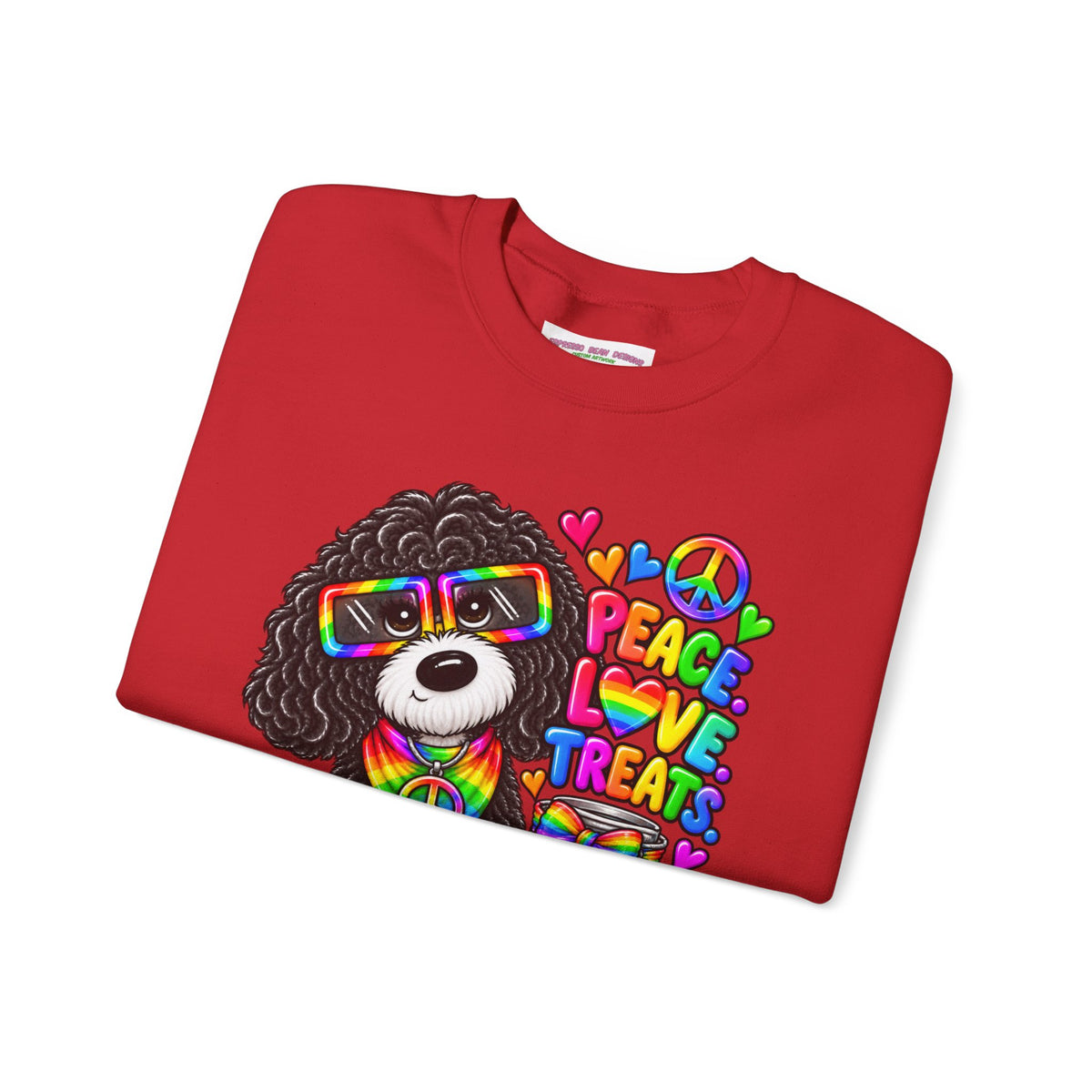 Peace, Love & Treats Dog Sweatshirt — Retro Hippie Puppy Crewneck