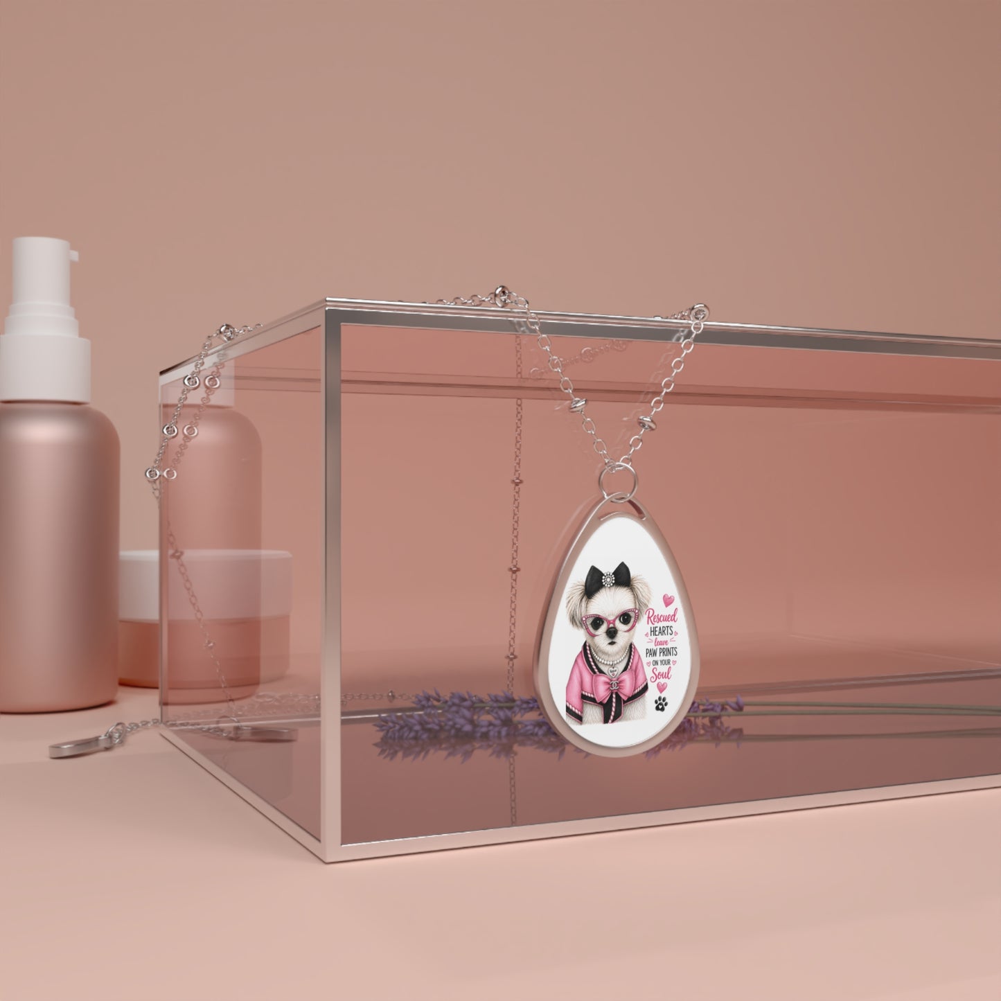 Oval Pendant Necklace - Cute Pink Dressed Dog "Rescue the Love" Engraved Jewelry Gift