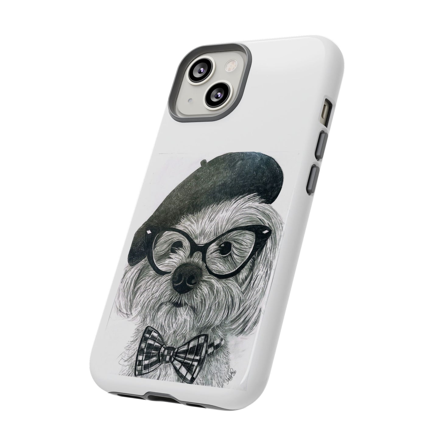 Dog Portrait Phone Case — Dexter with Beret, Glasses & Bow Tie