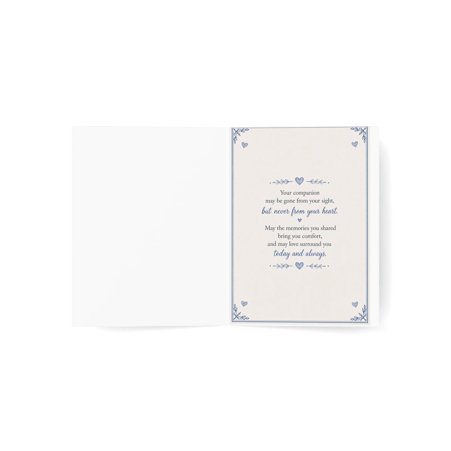 Pet Sympathy Greeting Card — “You Left Paw Prints on Our Hearts” Memorial Card (Single or Bulk)