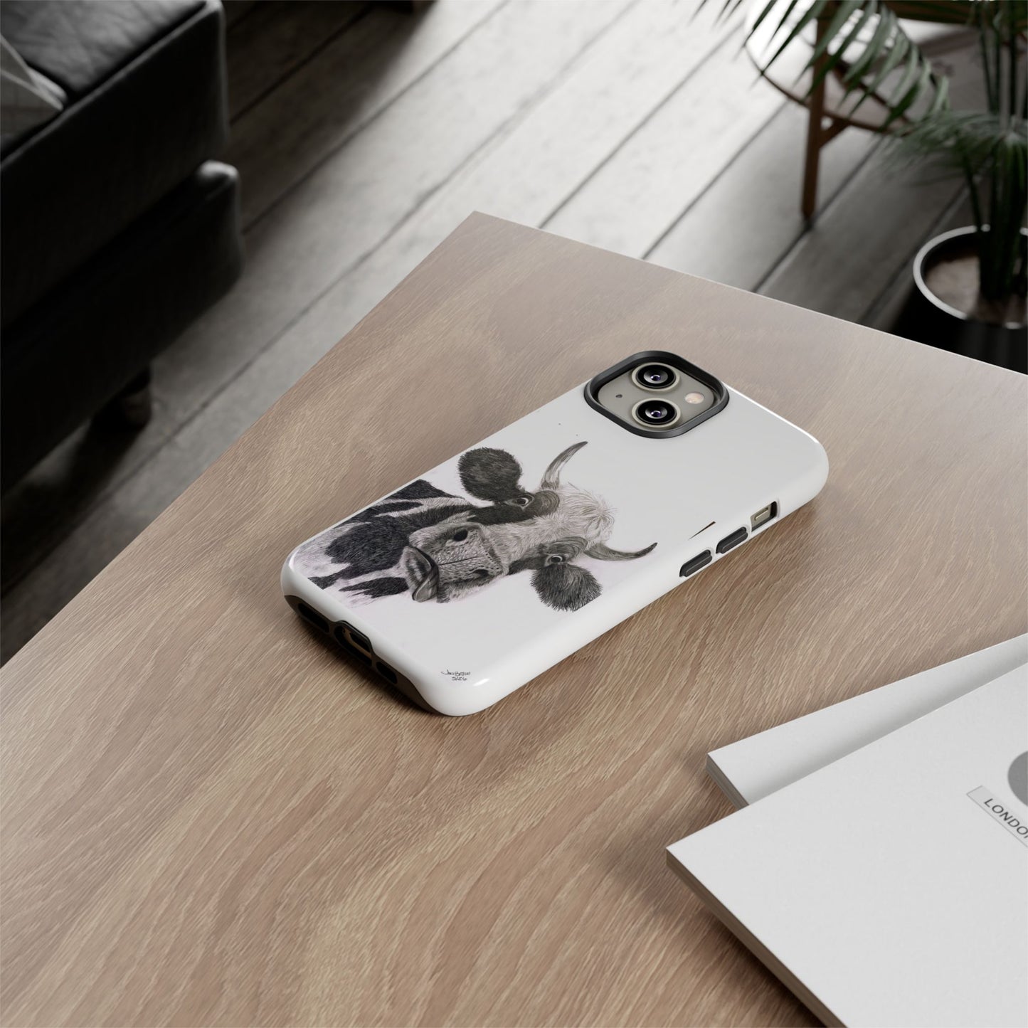 Cow Sketch Tough Phone Case — Protective iPhone Cover with Whimsical Cow Illustration