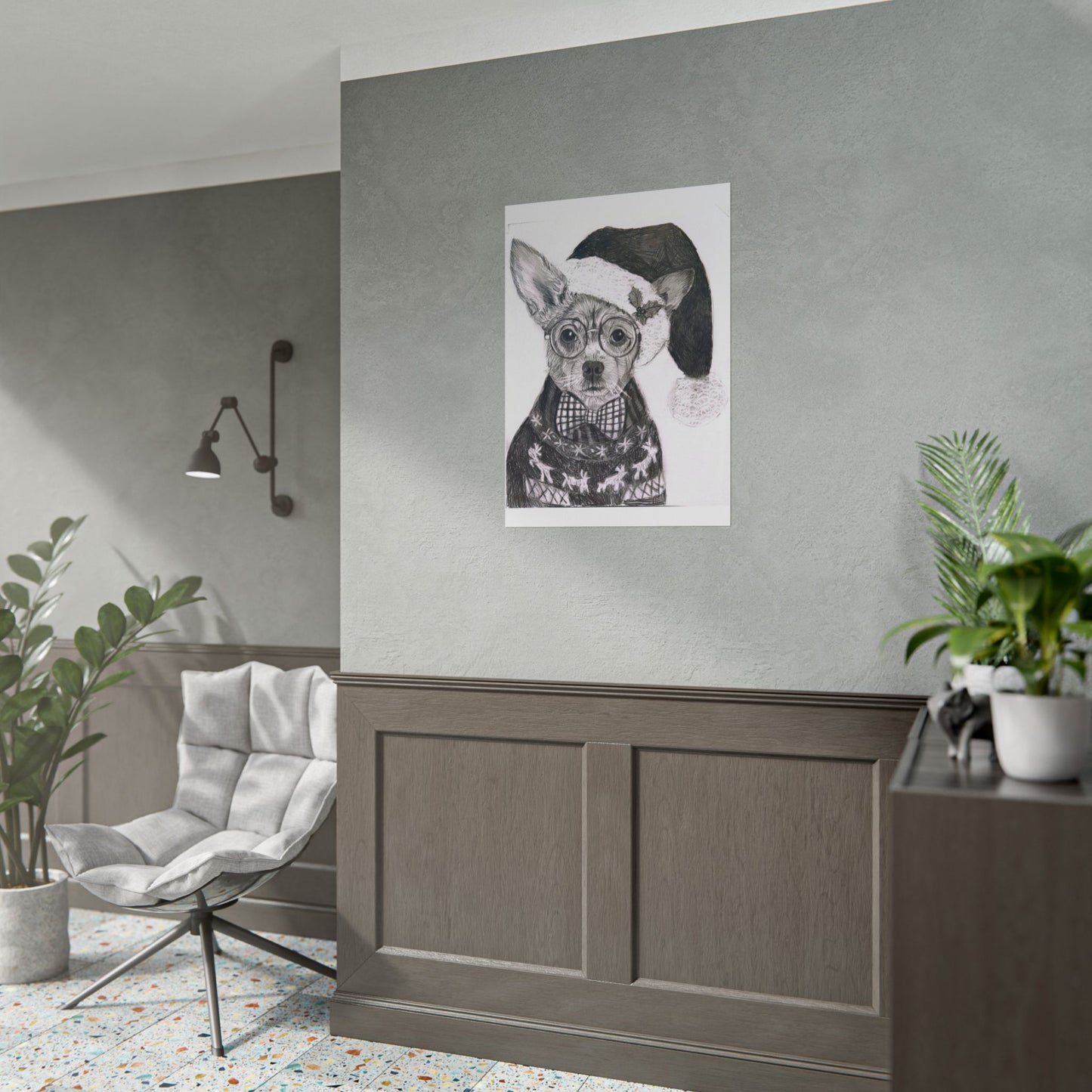 Brutus in Santa Hat Rolled Poster — Holiday Dog Art Print
