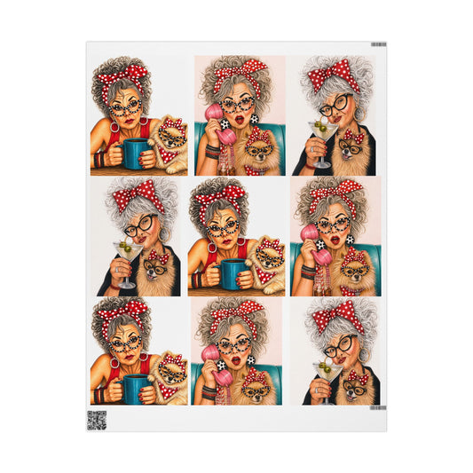 Wrapping Paper Perky Pearl and Latte — Retro Glam Portrait Pattern Gift Wrap
