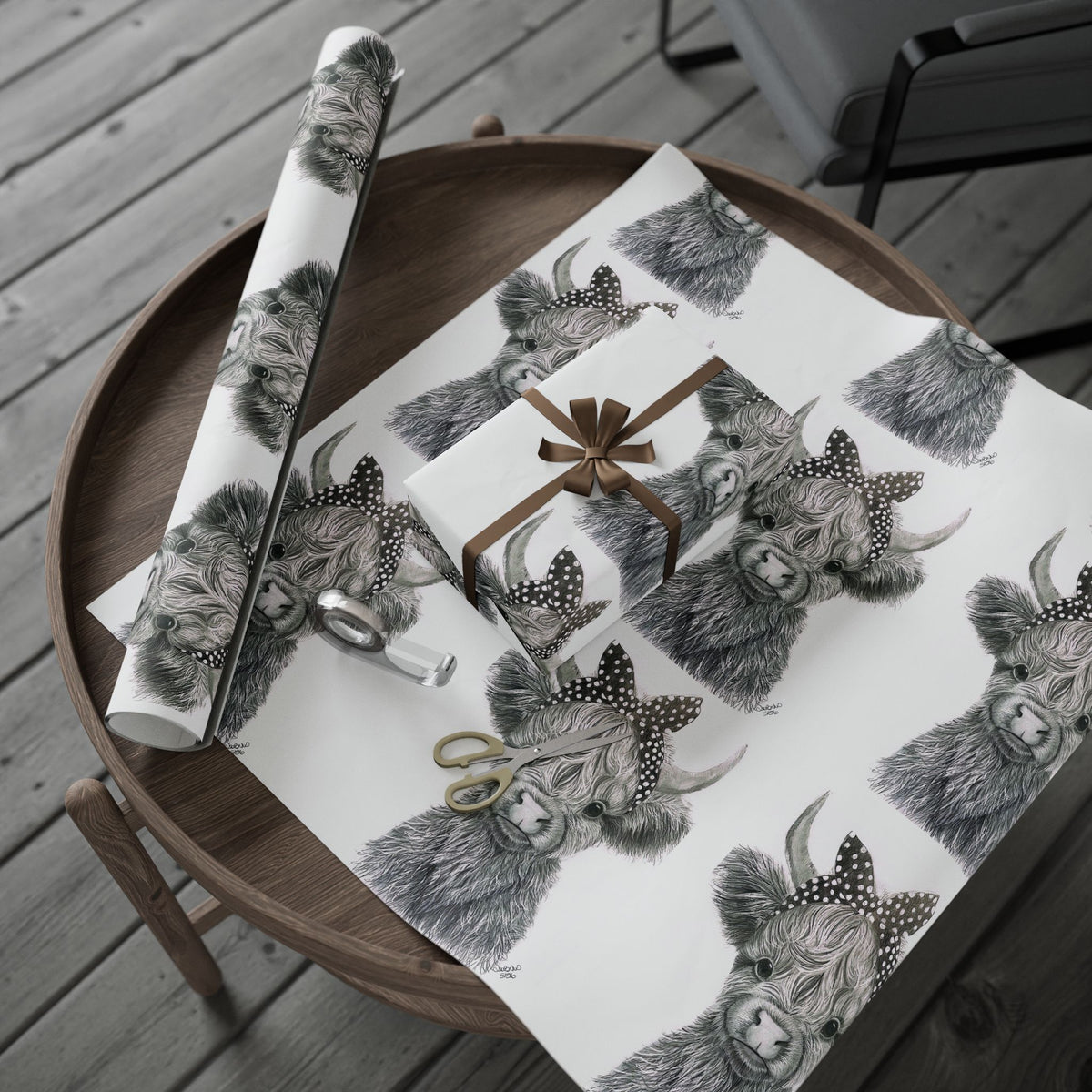 Highland Cow Wrapping Paper Roll — Black & White Highland Cattle Gift Wrap