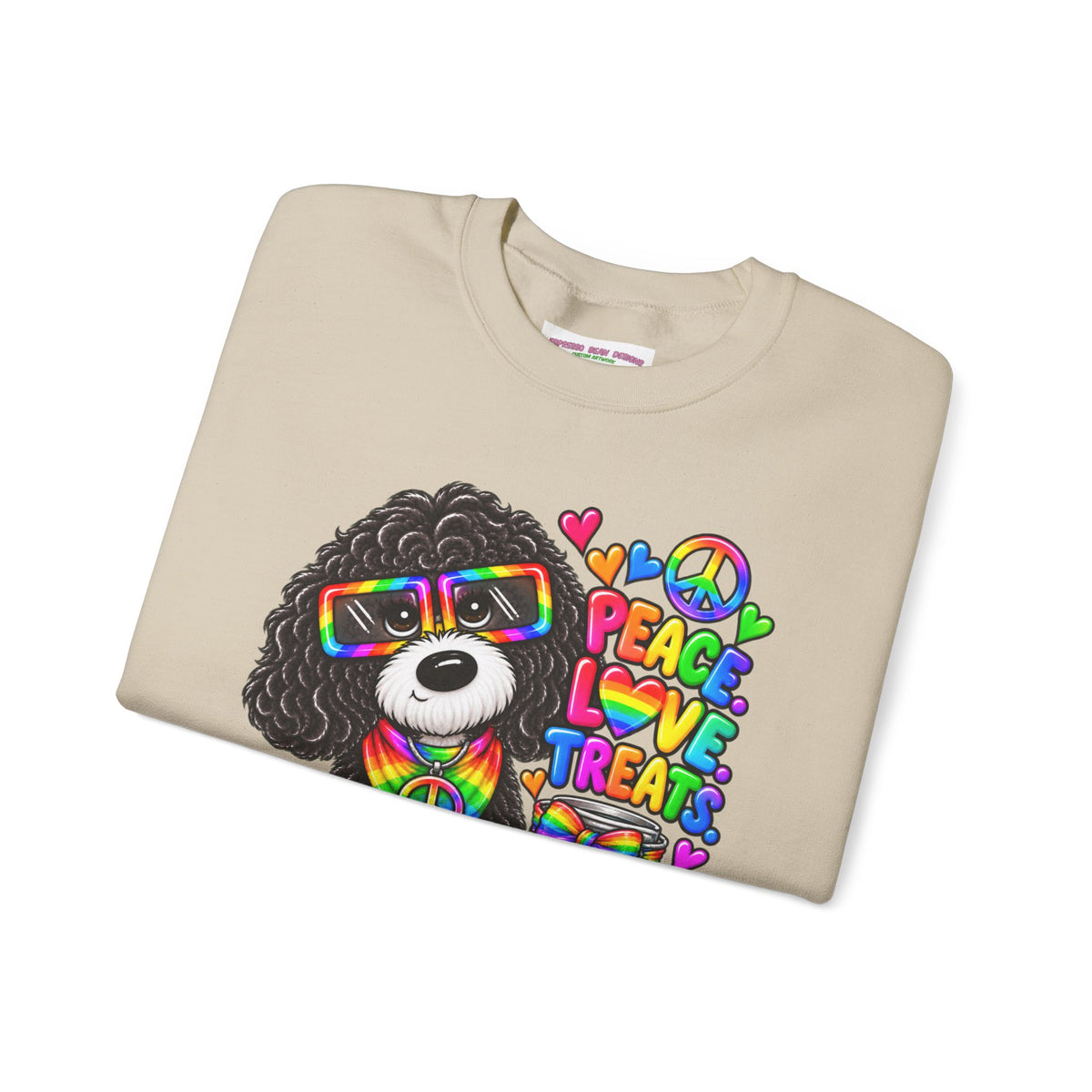 Peace, Love & Treats Dog Sweatshirt — Retro Hippie Puppy Crewneck