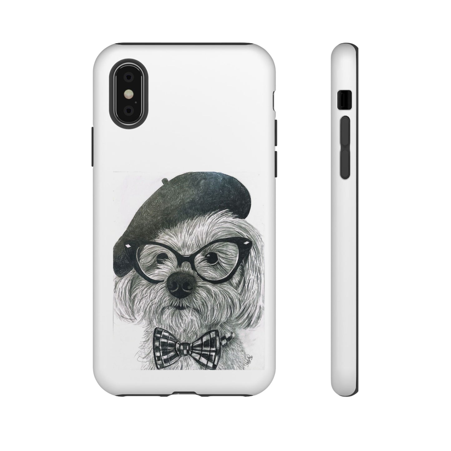 Dog Portrait Phone Case — Dexter with Beret, Glasses & Bow Tie
