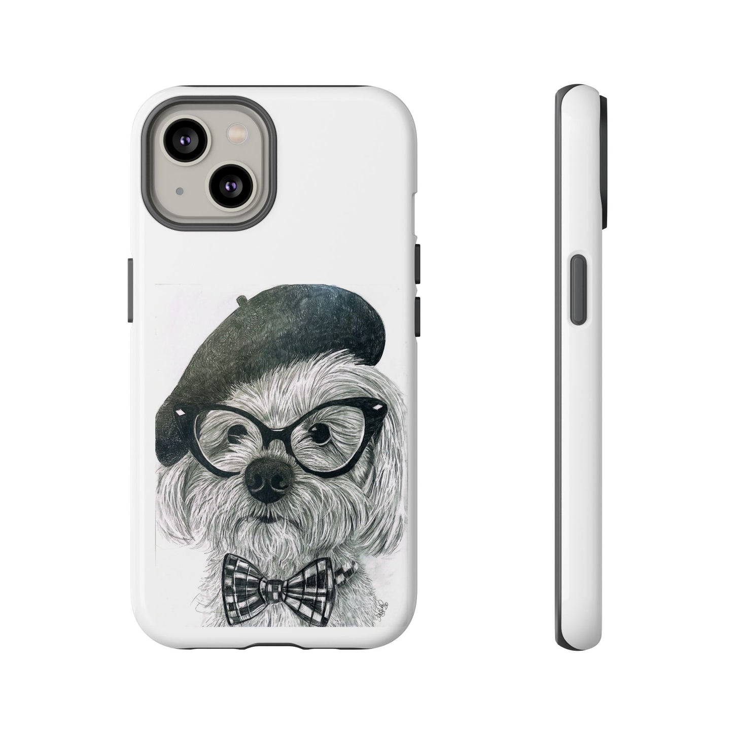 Dog Portrait Phone Case — Dexter with Beret, Glasses & Bow Tie