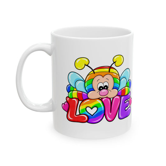 Love Rainbow tired bug Ceramic Mug — Colorful Pride Heart Coffee Cup (11oz, 15oz)
