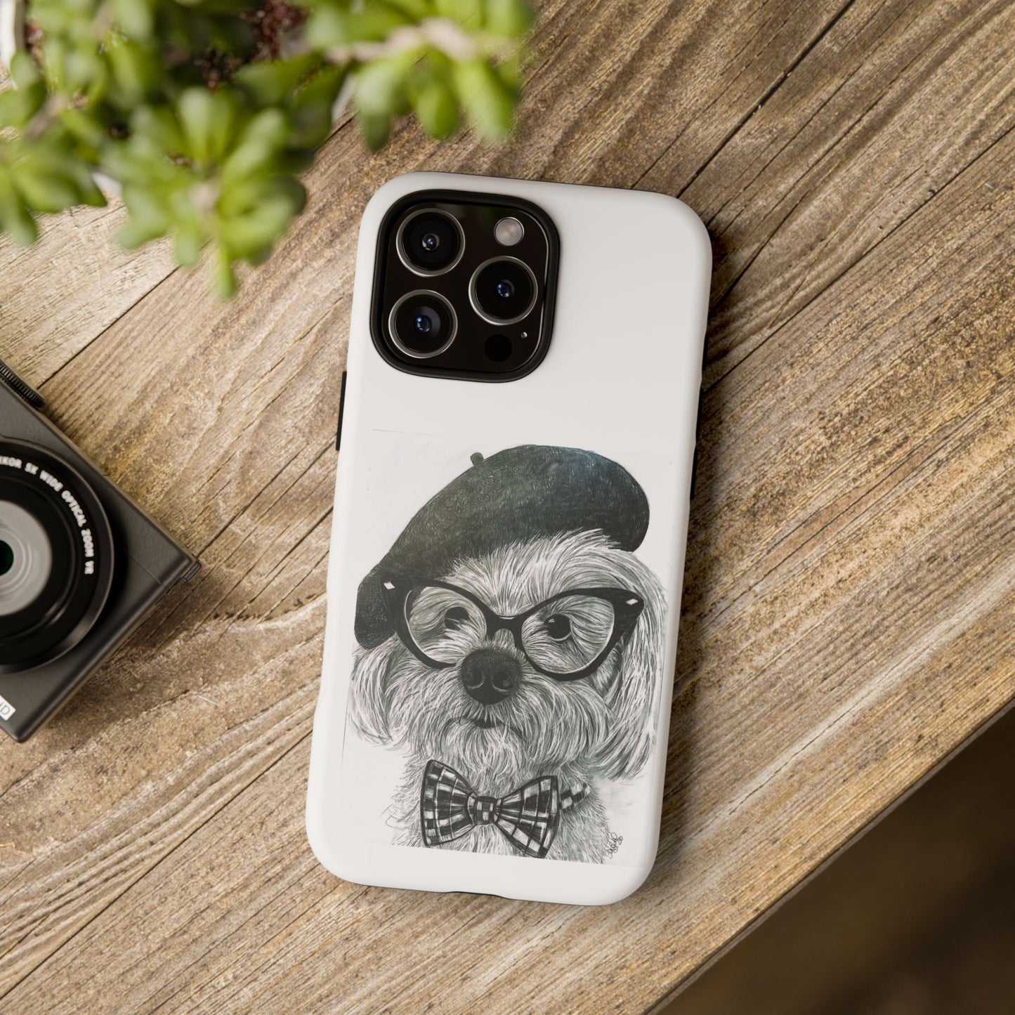 Dog Portrait Phone Case — Dexter with Beret, Glasses & Bow Tie