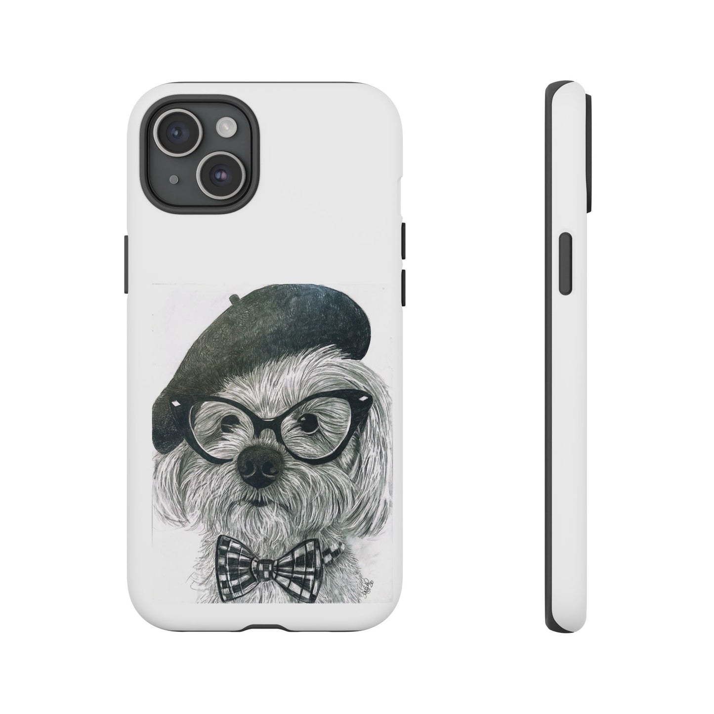 Dog Portrait Phone Case — Dexter with Beret, Glasses & Bow Tie