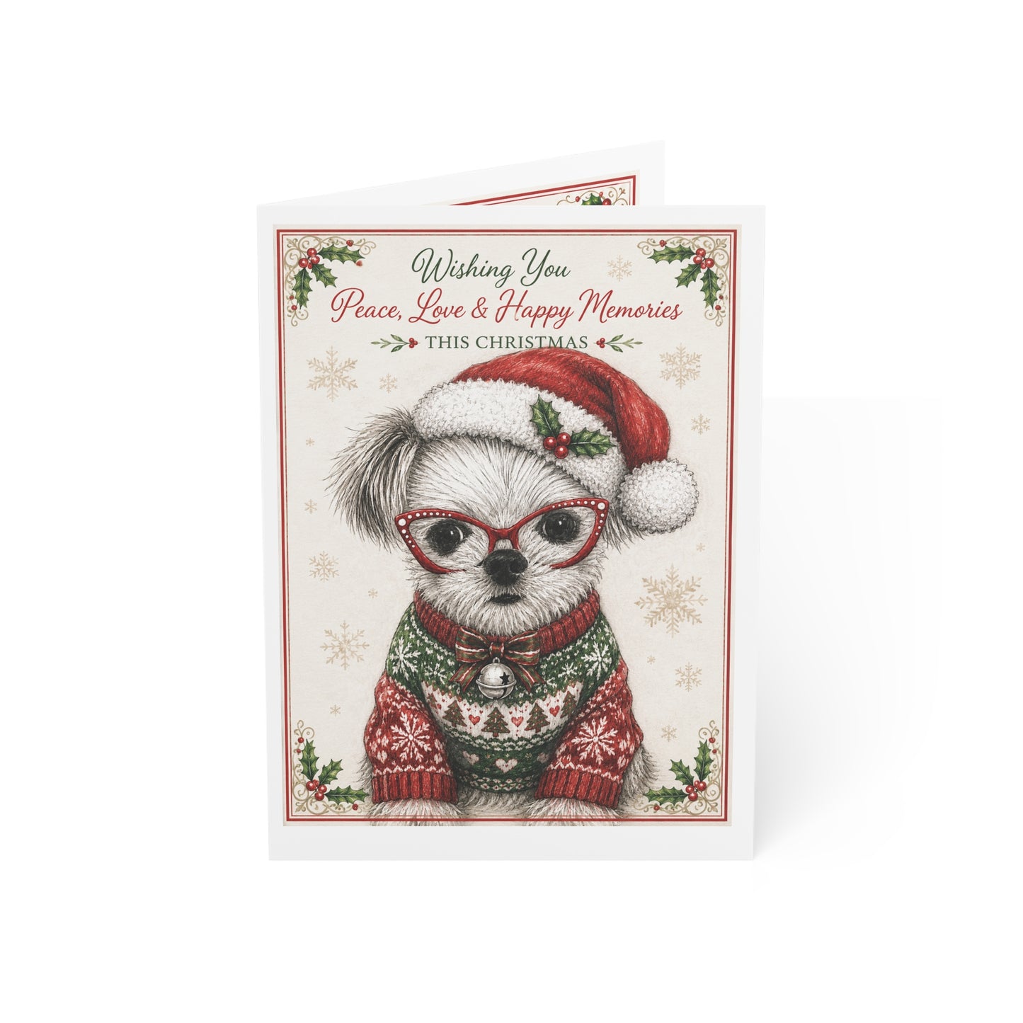 Christmas Puppy Holiday Greeting Cards — 'Wishing You Peace, Love & Happy Memories' (1/10/30/50pcs)