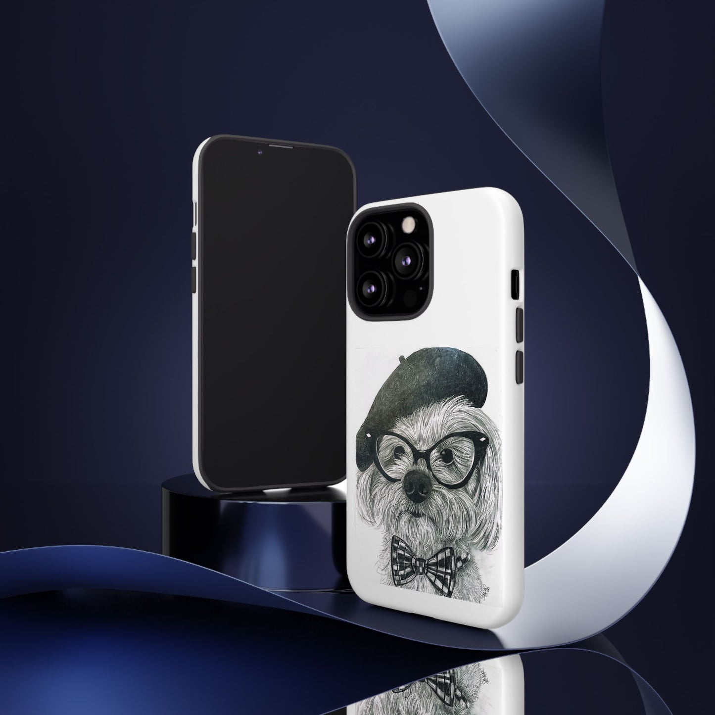 Dog Portrait Phone Case — Dexter with Beret, Glasses & Bow Tie
