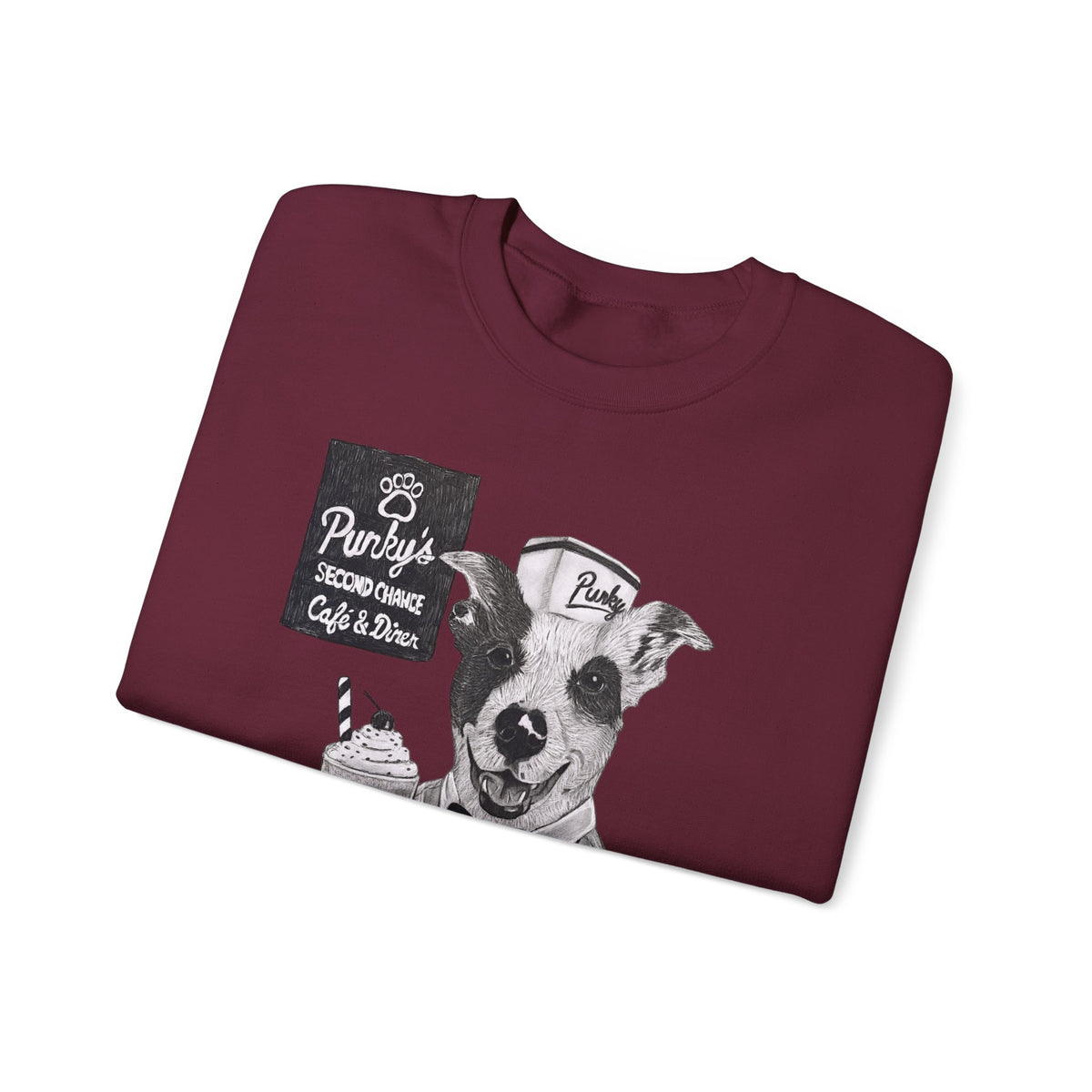 Dog Crewneck Sweatshirt — 'Meet Punky' Rescue Cafe Graphic