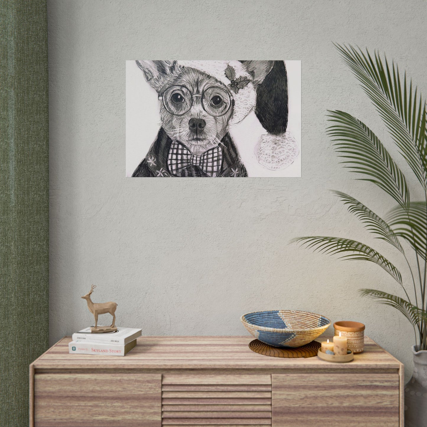 Brutus in Santa Hat Rolled Poster — Holiday Dog Art Print