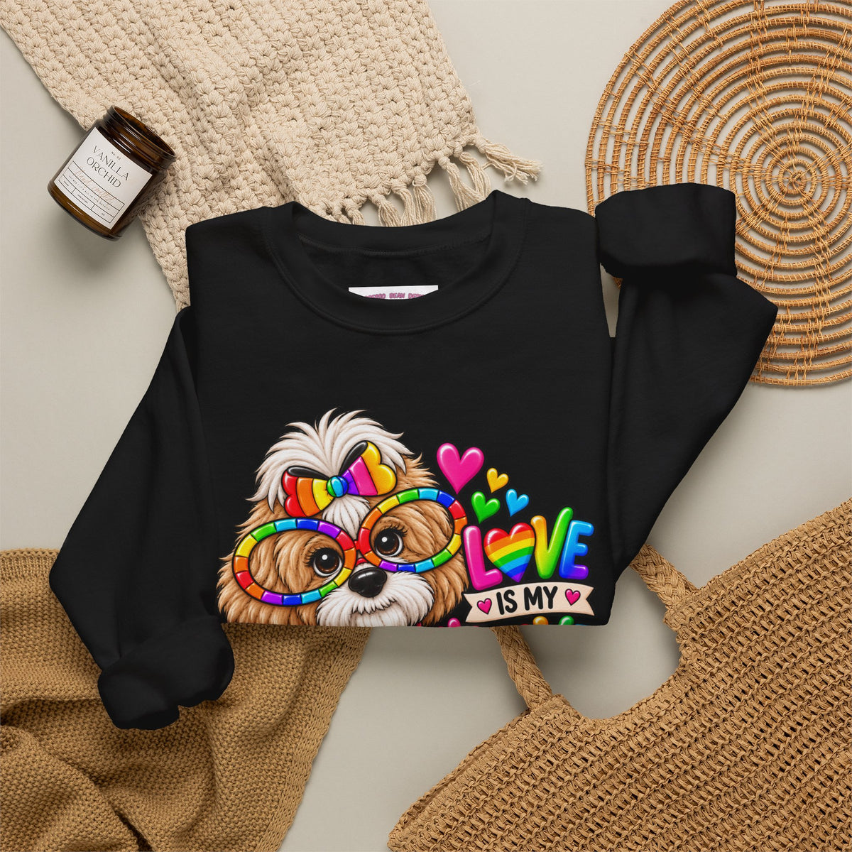 Rainbow Pup Crewneck Sweatshirt — "Love Is My Love Language" Cute Pride Dog Graphic