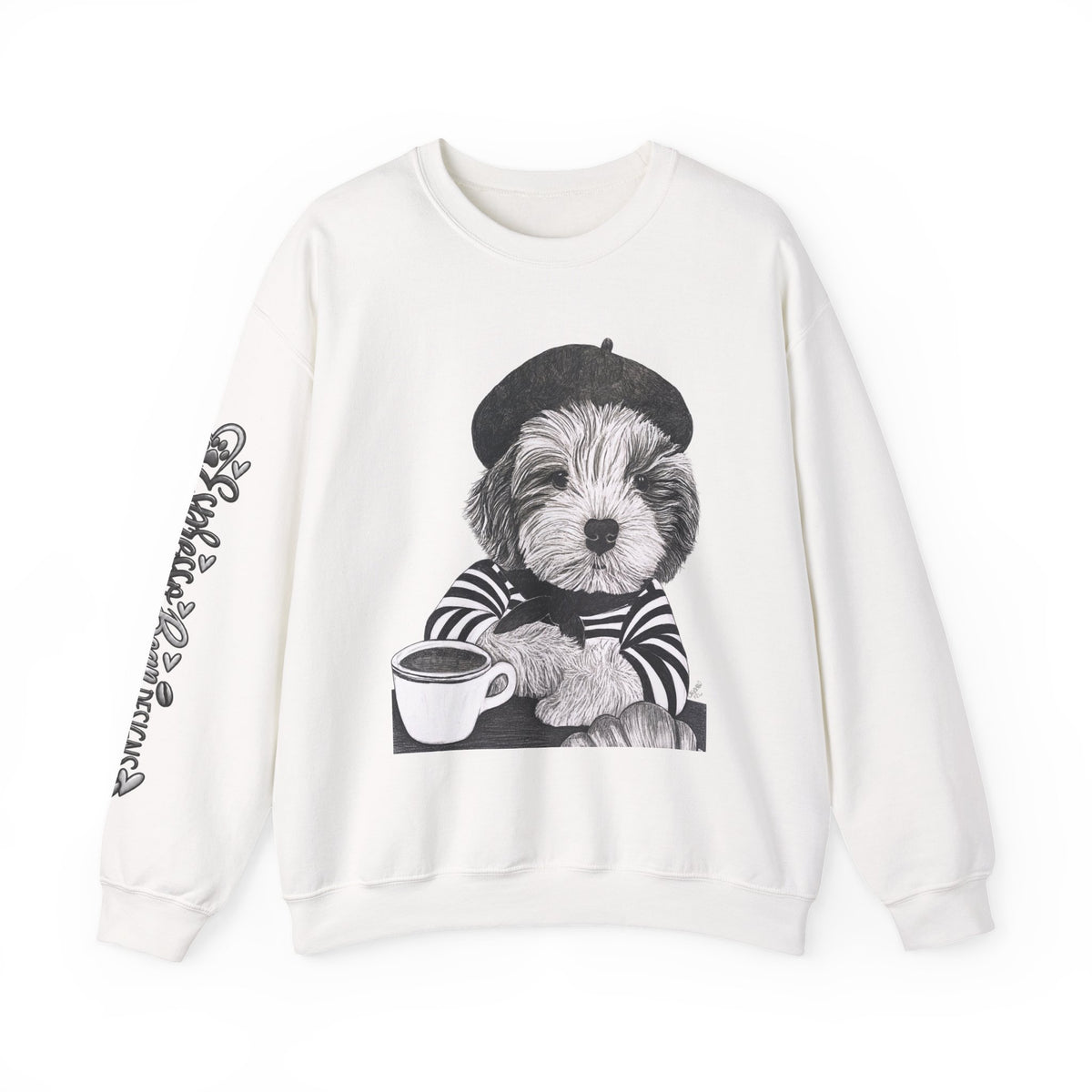 French Pup Pierre Coffee Sweatshirt — Cute Puppy in Beret Graphic Crewneck