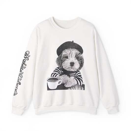 French Pup Pierre Coffee Sweatshirt — Cute Puppy in Beret Graphic Crewneck