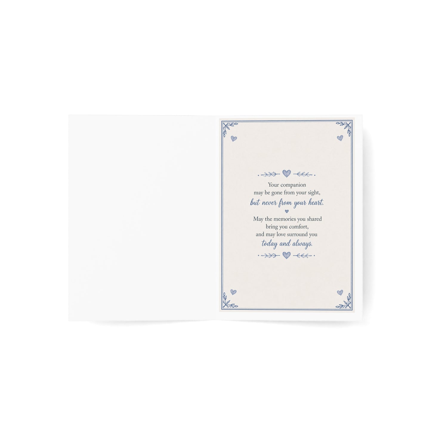 Pet Sympathy Greeting Card — “You Left Paw Prints on Our Hearts” Memorial Card (Single or Bulk)