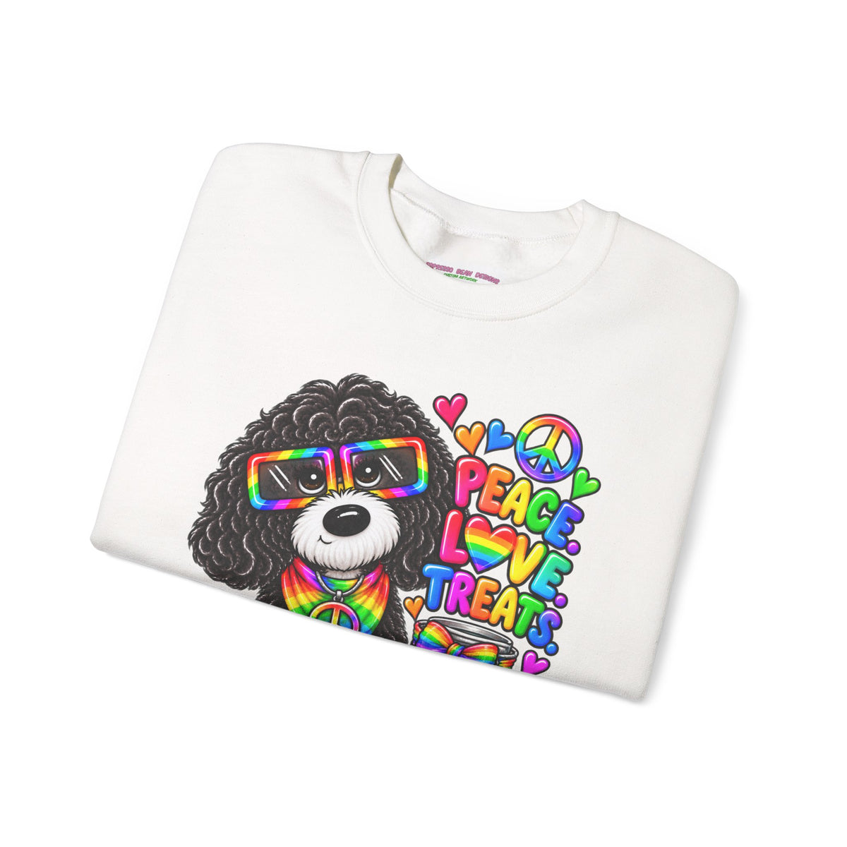 Peace, Love & Treats Dog Sweatshirt — Retro Hippie Puppy Crewneck