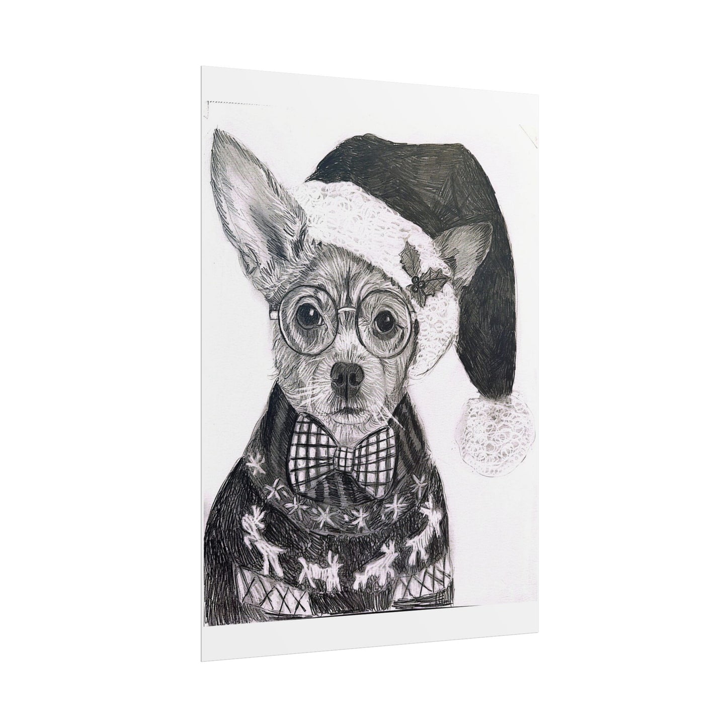 Brutus in Santa Hat Rolled Poster — Holiday Dog Art Print
