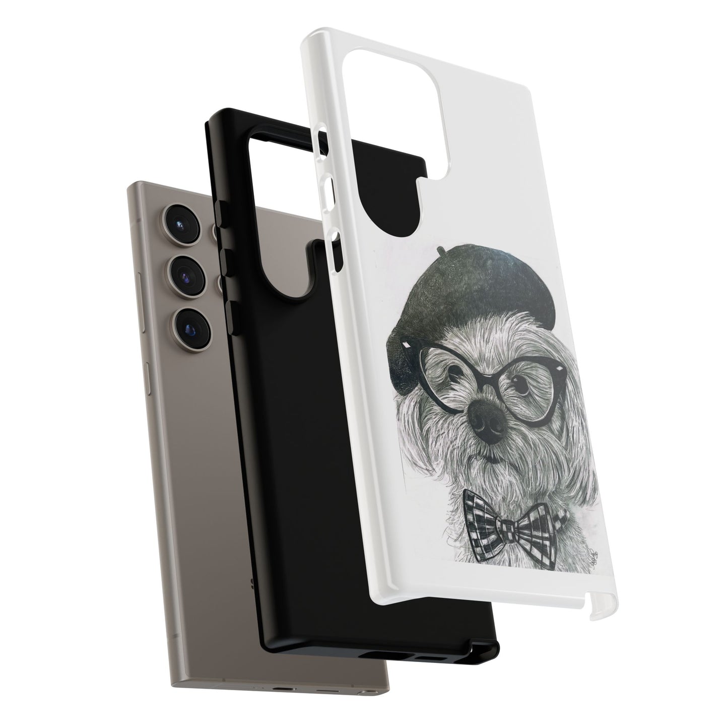 Dog Portrait Phone Case — Dexter with Beret, Glasses & Bow Tie