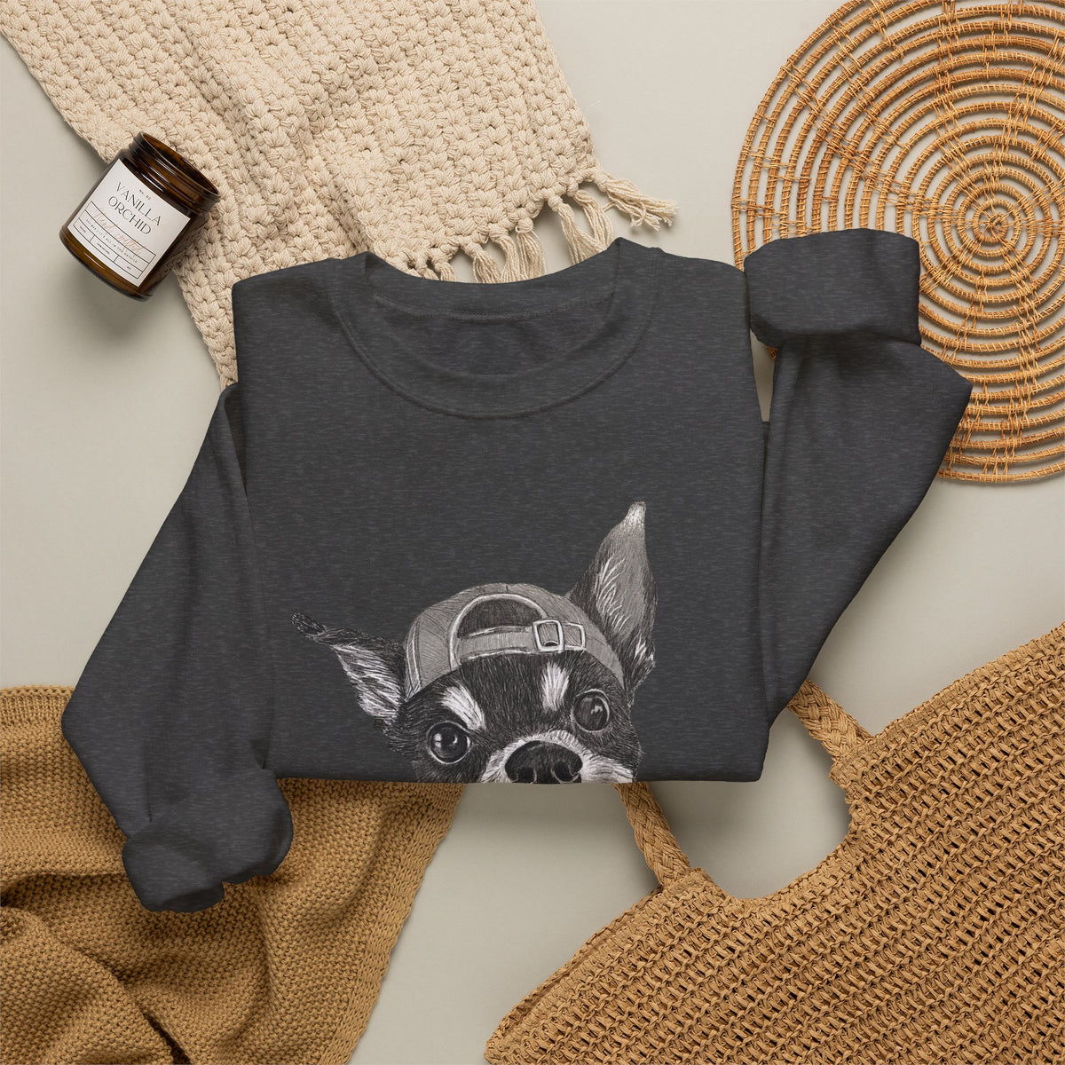 Fang Crewneck Sweatshirt — Retro Pup Graphic with Script Sleeve