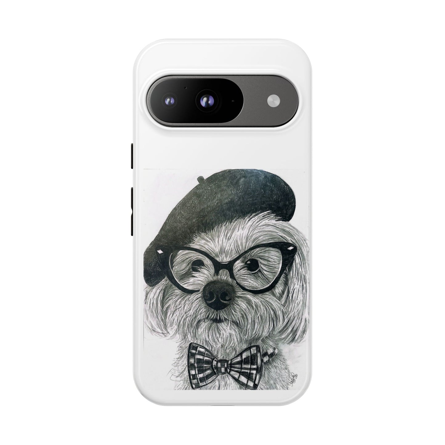 Dog Portrait Phone Case — Dexter with Beret, Glasses & Bow Tie