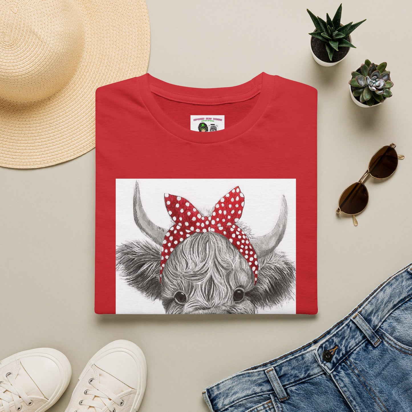 Highland Cow T-Shirt — Cute Cow Face with Red Polka Dot Bandana