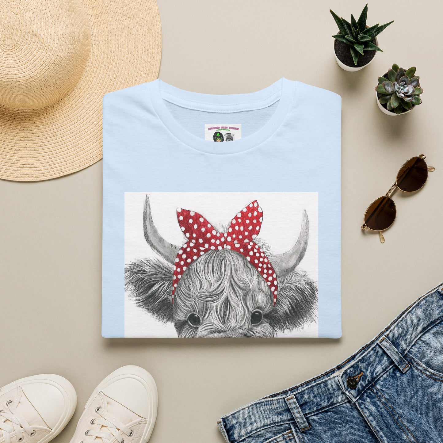 Highland Cow T-Shirt — Cute Cow Face with Red Polka Dot Bandana