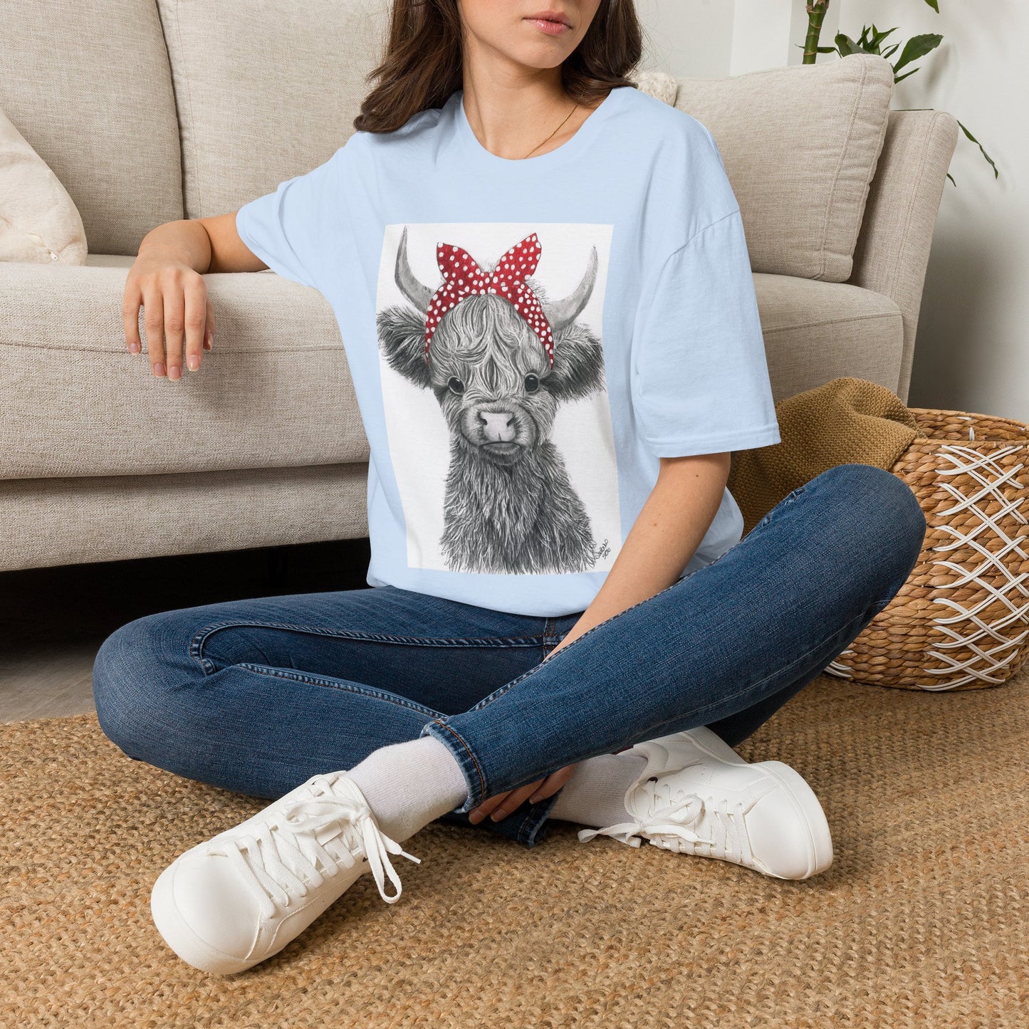 Highland Cow T-Shirt — Cute Cow Face with Red Polka Dot Bandana