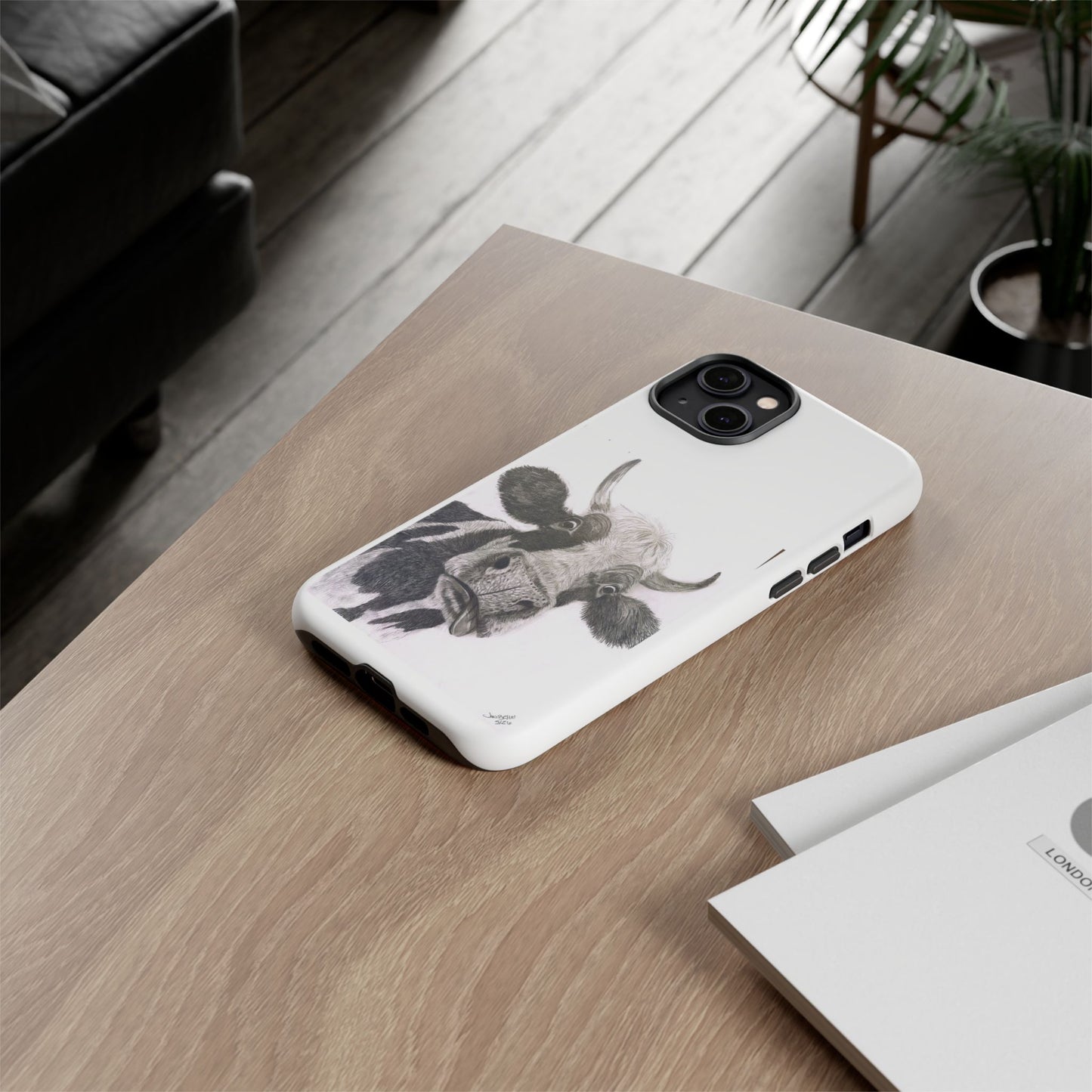 Cow Sketch Tough Phone Case — Protective iPhone Cover with Whimsical Cow Illustration