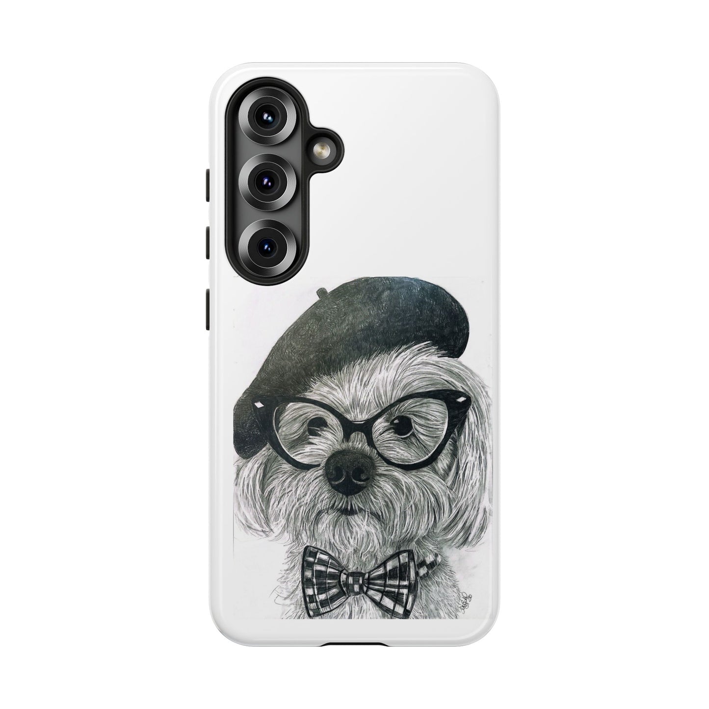 Dog Portrait Phone Case — Dexter with Beret, Glasses & Bow Tie