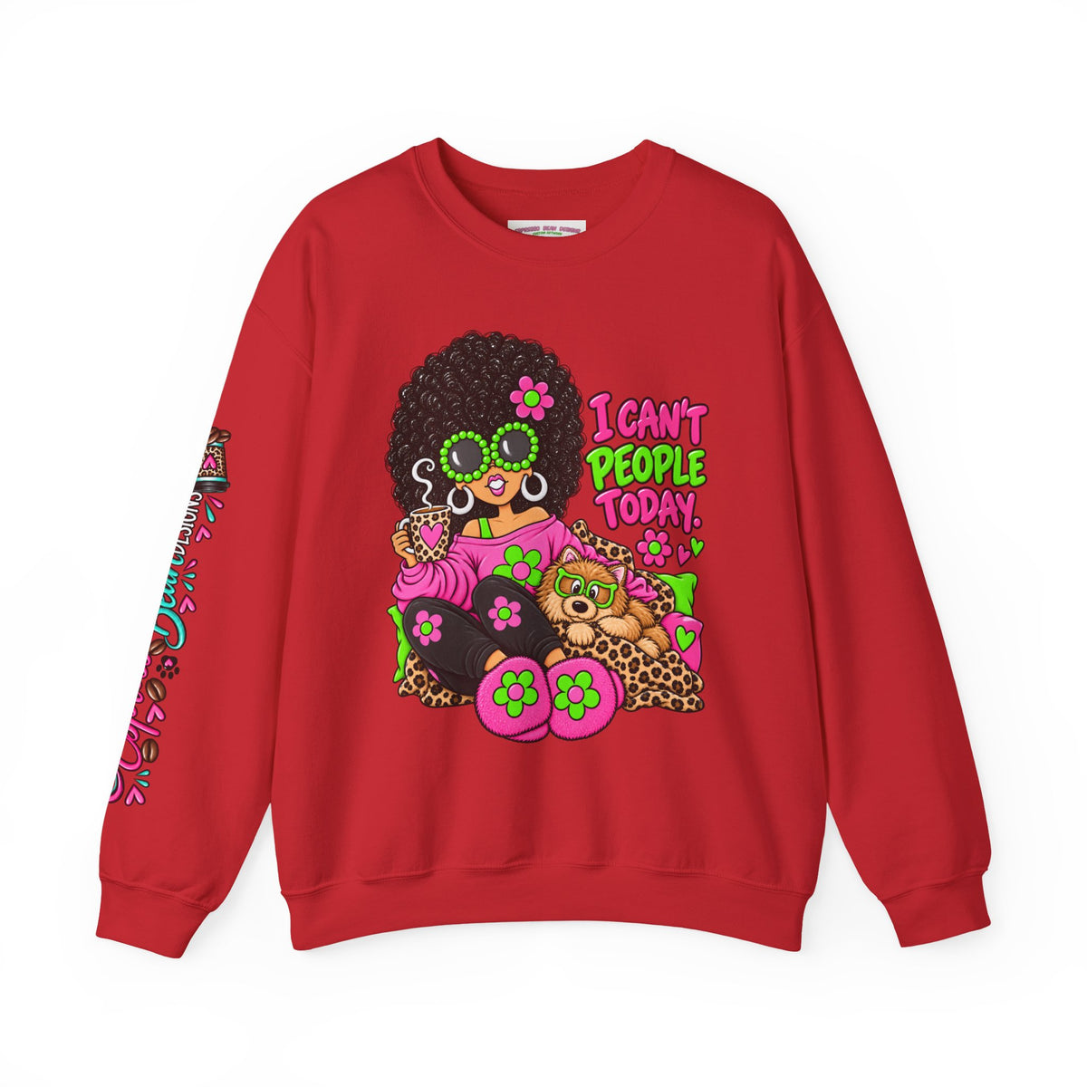 Crewneck Sweatshirt — Retro 'I Can't People Today' Girl & Leopard Graphic