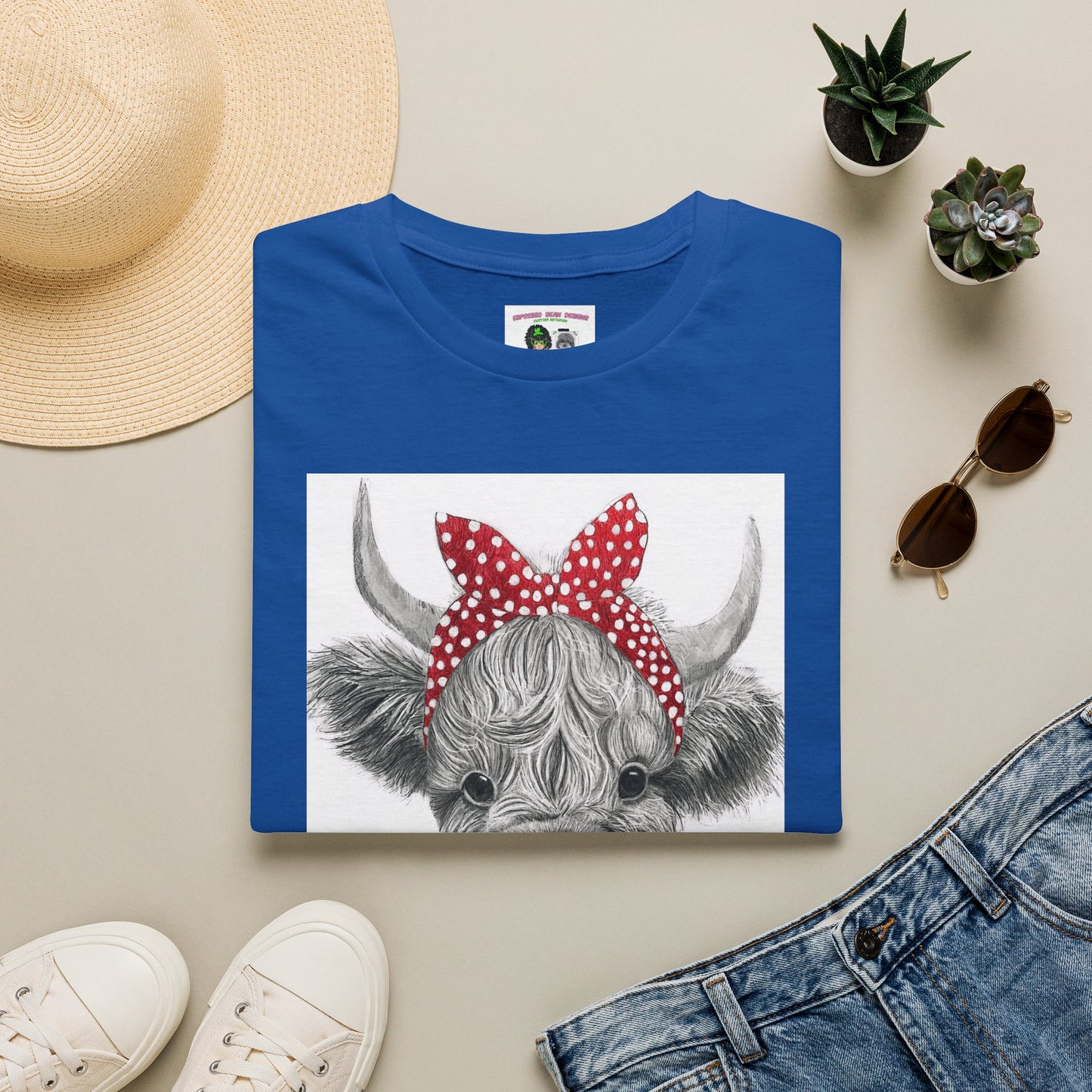 Highland Cow T-Shirt — Cute Cow Face with Red Polka Dot Bandana