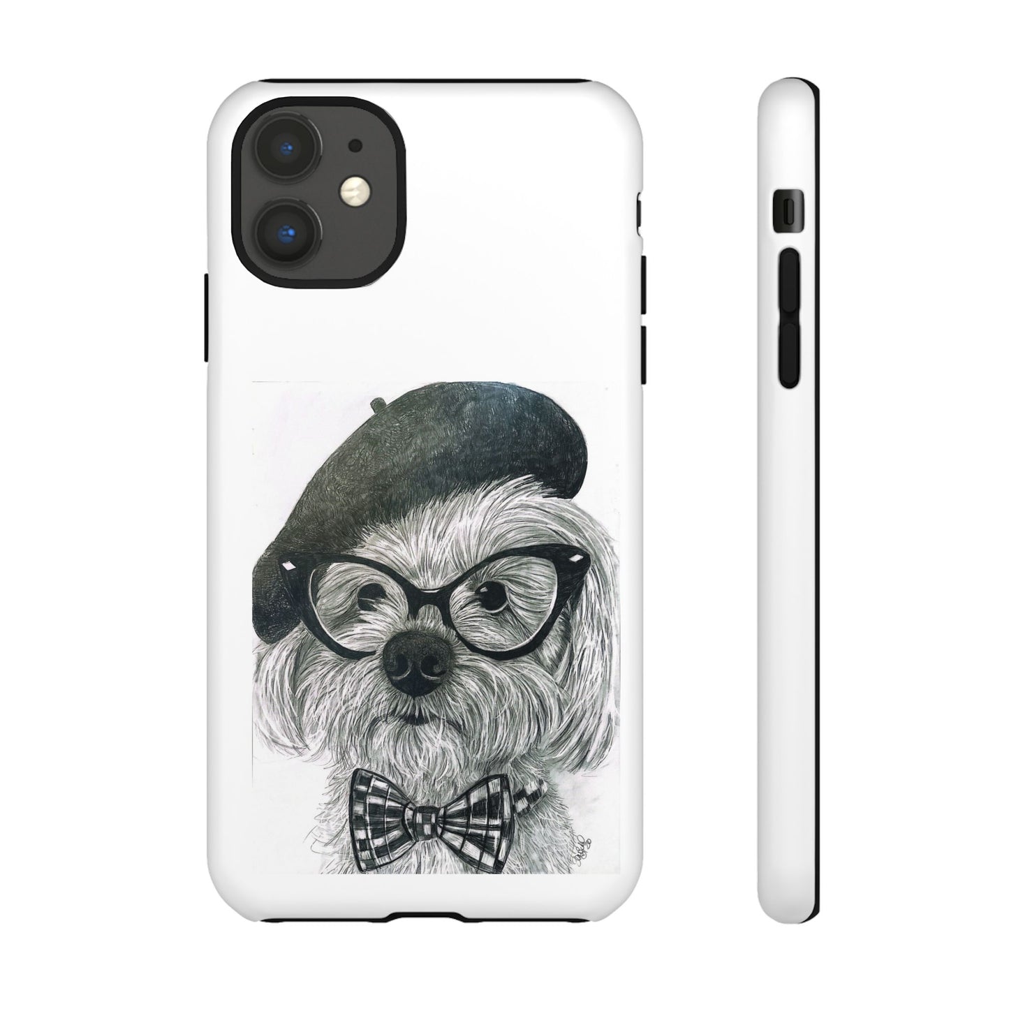 Dog Portrait Phone Case — Dexter with Beret, Glasses & Bow Tie