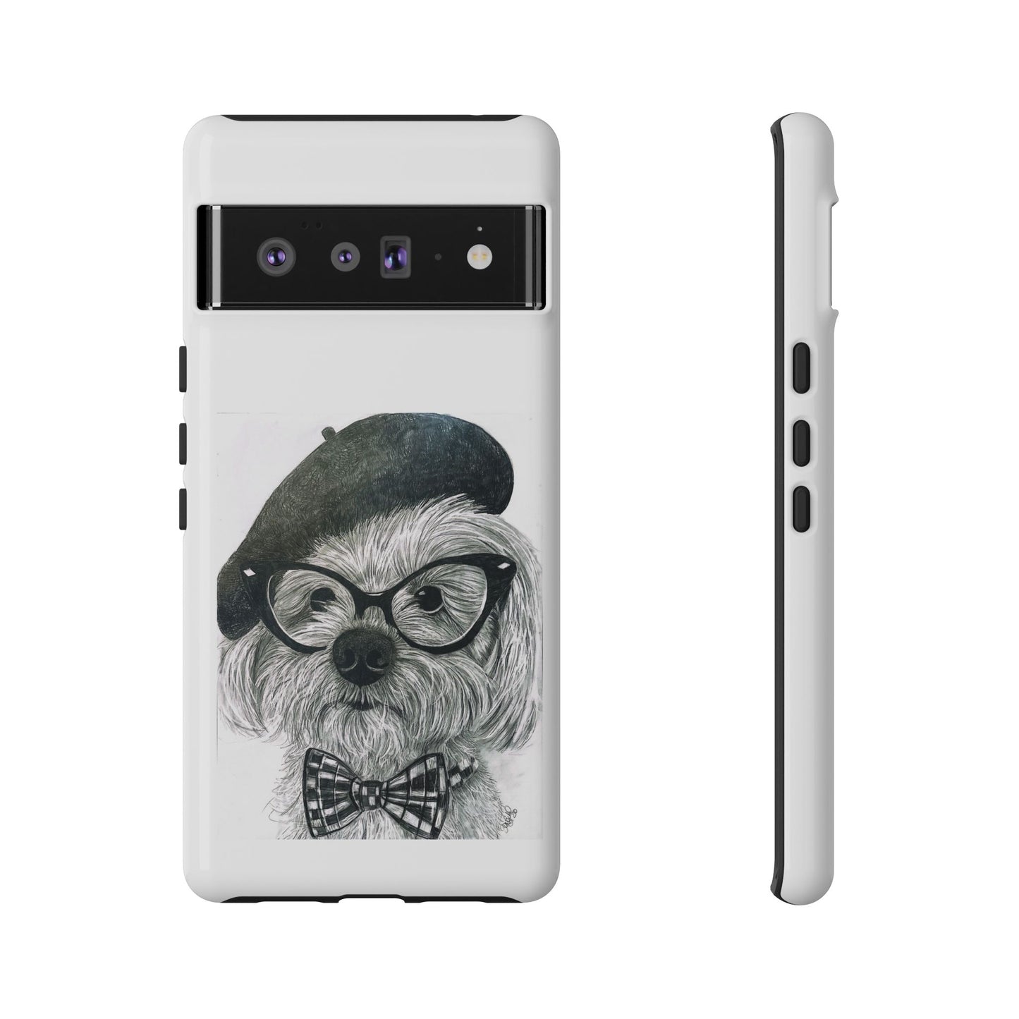 Dog Portrait Phone Case — Dexter with Beret, Glasses & Bow Tie