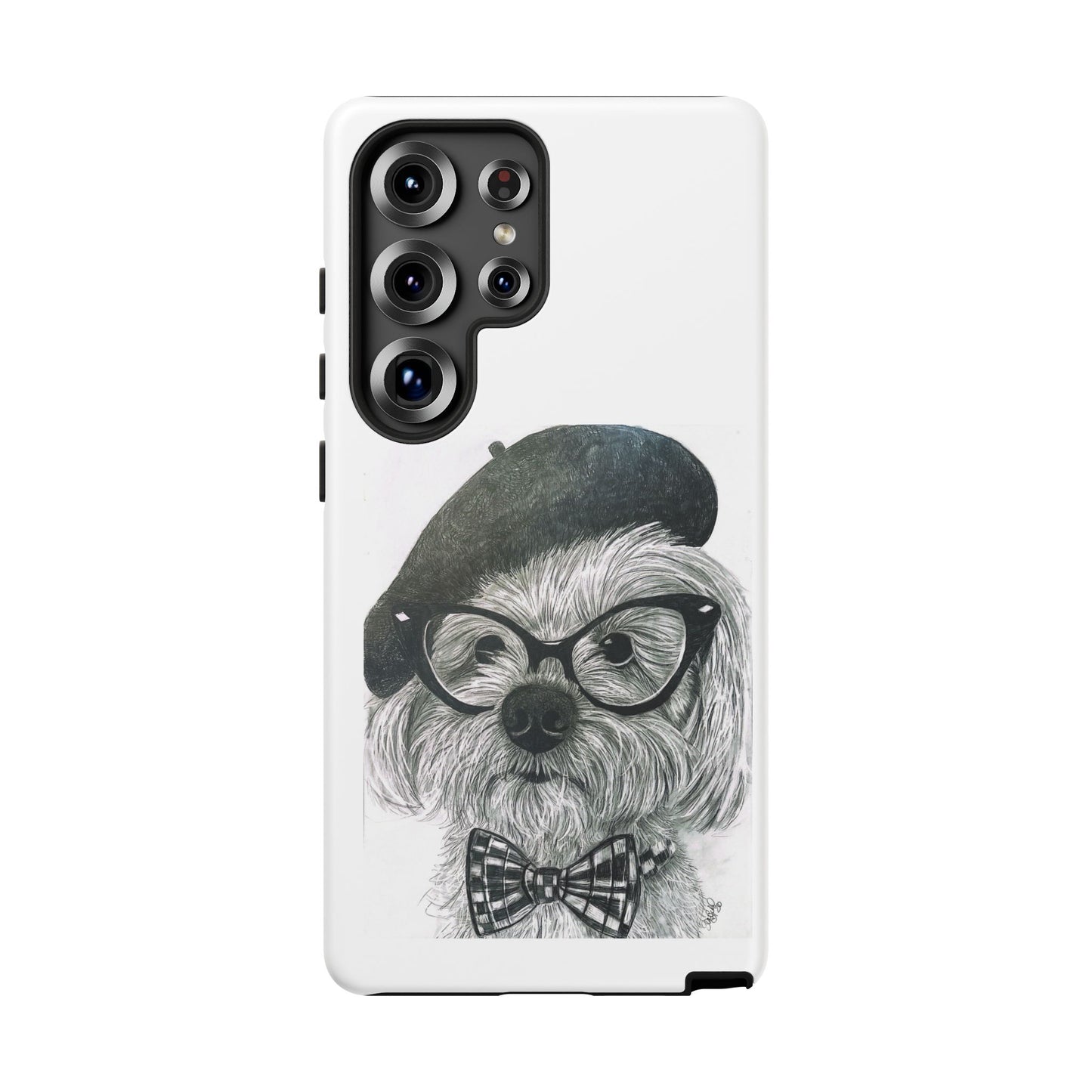 Dog Portrait Phone Case — Dexter with Beret, Glasses & Bow Tie