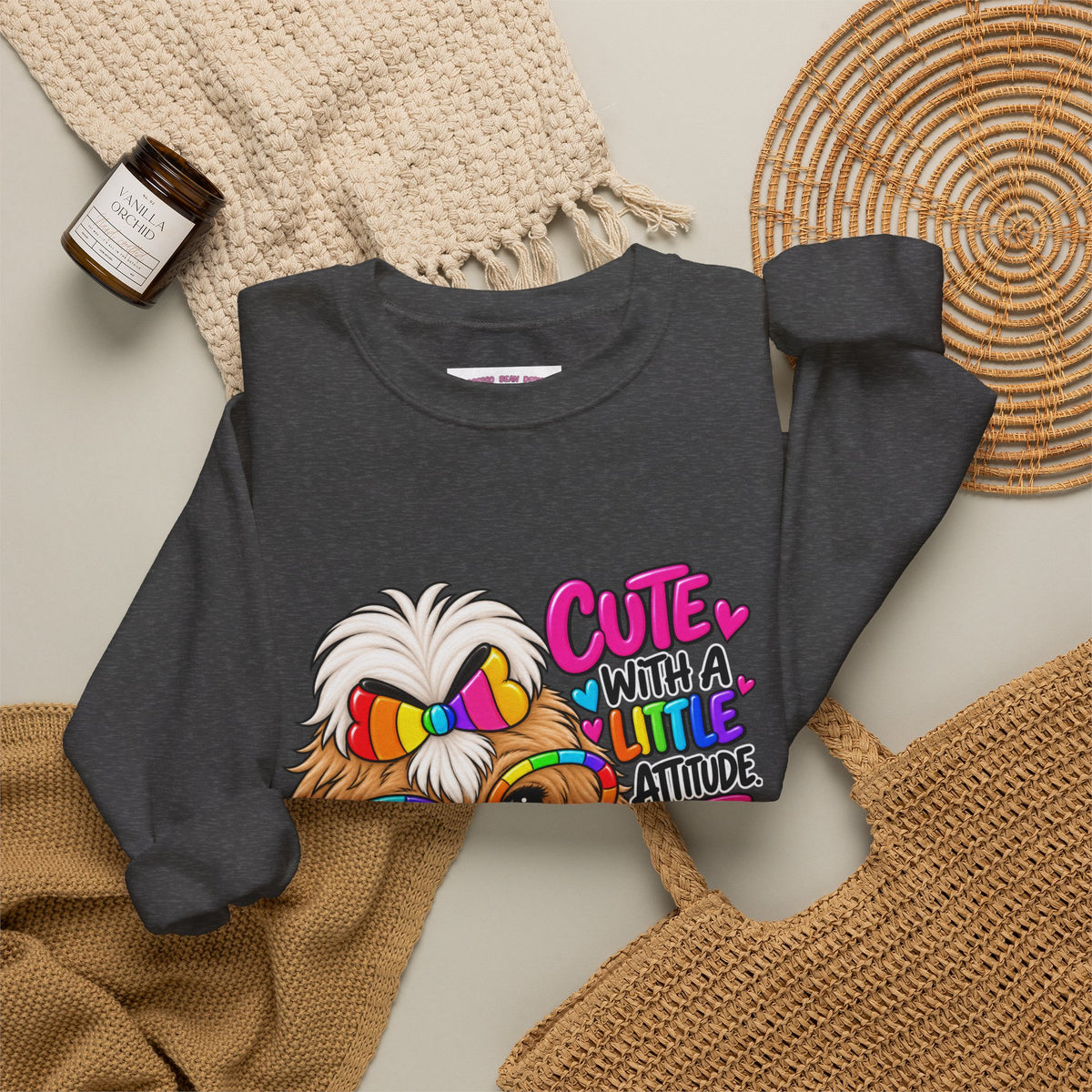 Cute Dog Crewneck Sweatshirt — "Cute With A Little Attitude" Colorful Puppy Design