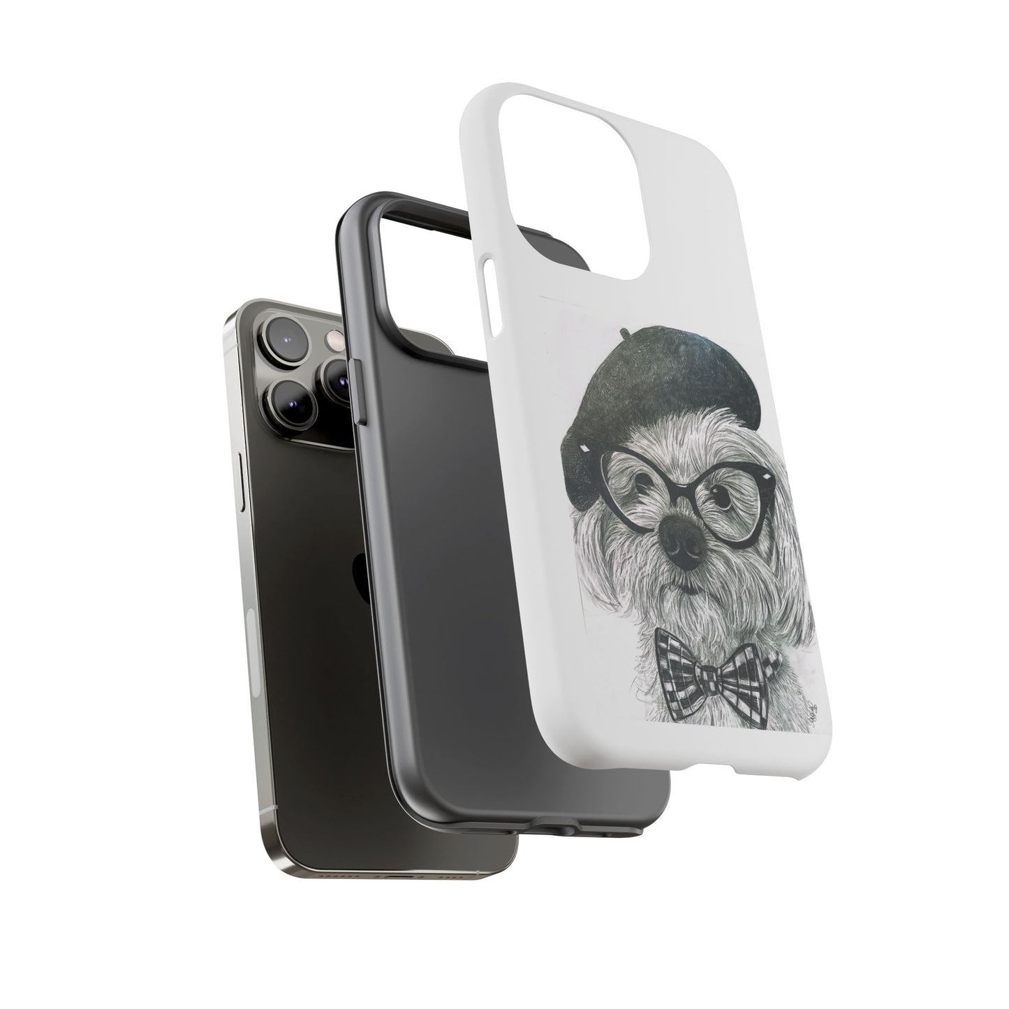 Dog Portrait Phone Case — Dexter with Beret, Glasses & Bow Tie