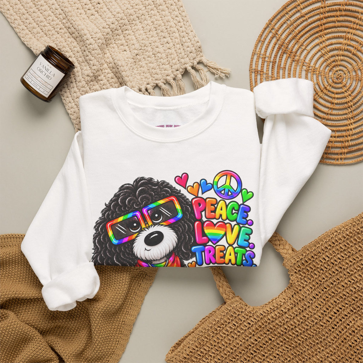 Peace, Love & Treats Dog Sweatshirt — Retro Hippie Puppy Crewneck
