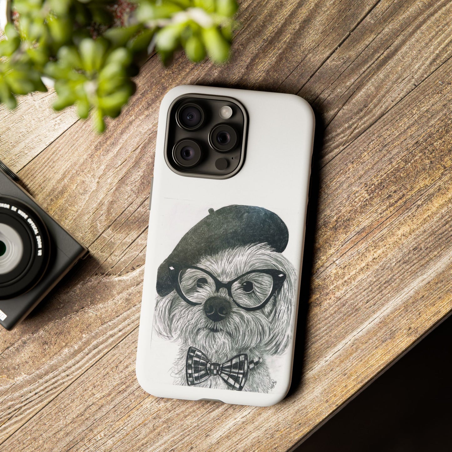 Dog Portrait Phone Case — Dexter with Beret, Glasses & Bow Tie