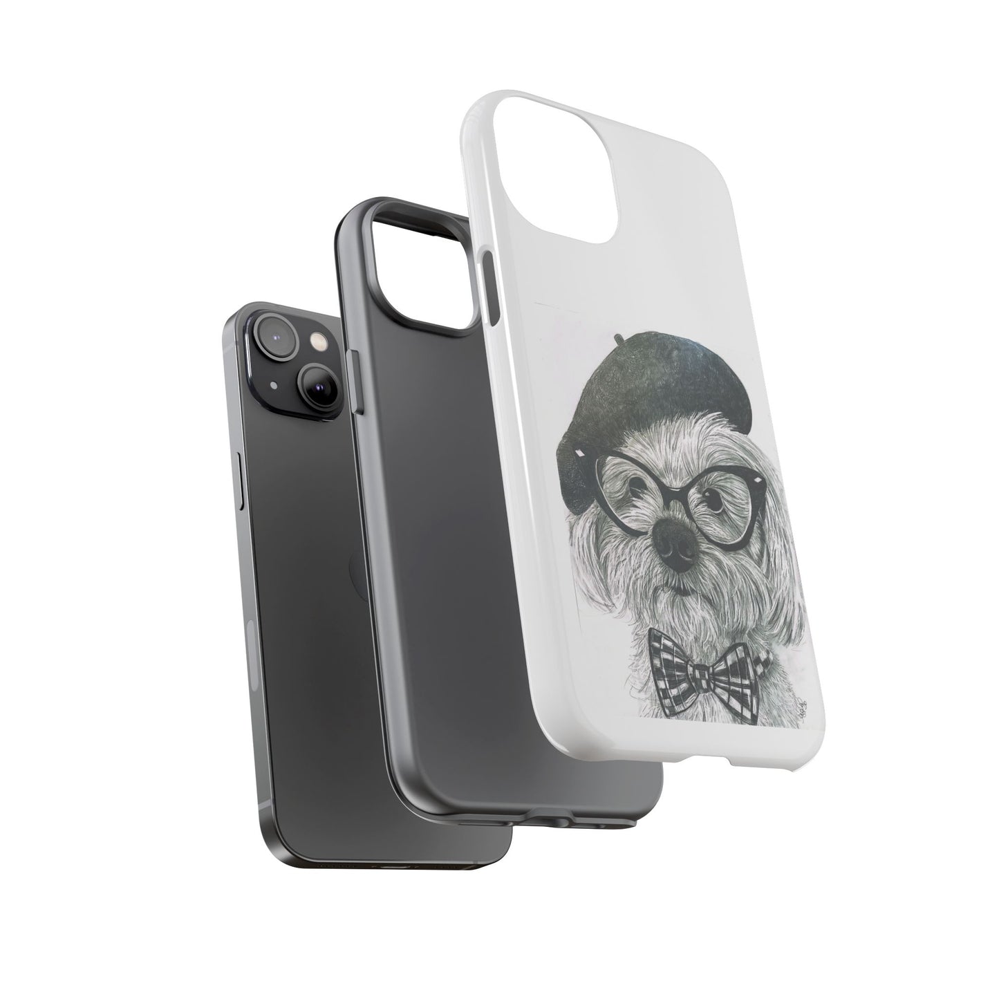 Dog Portrait Phone Case — Dexter with Beret, Glasses & Bow Tie