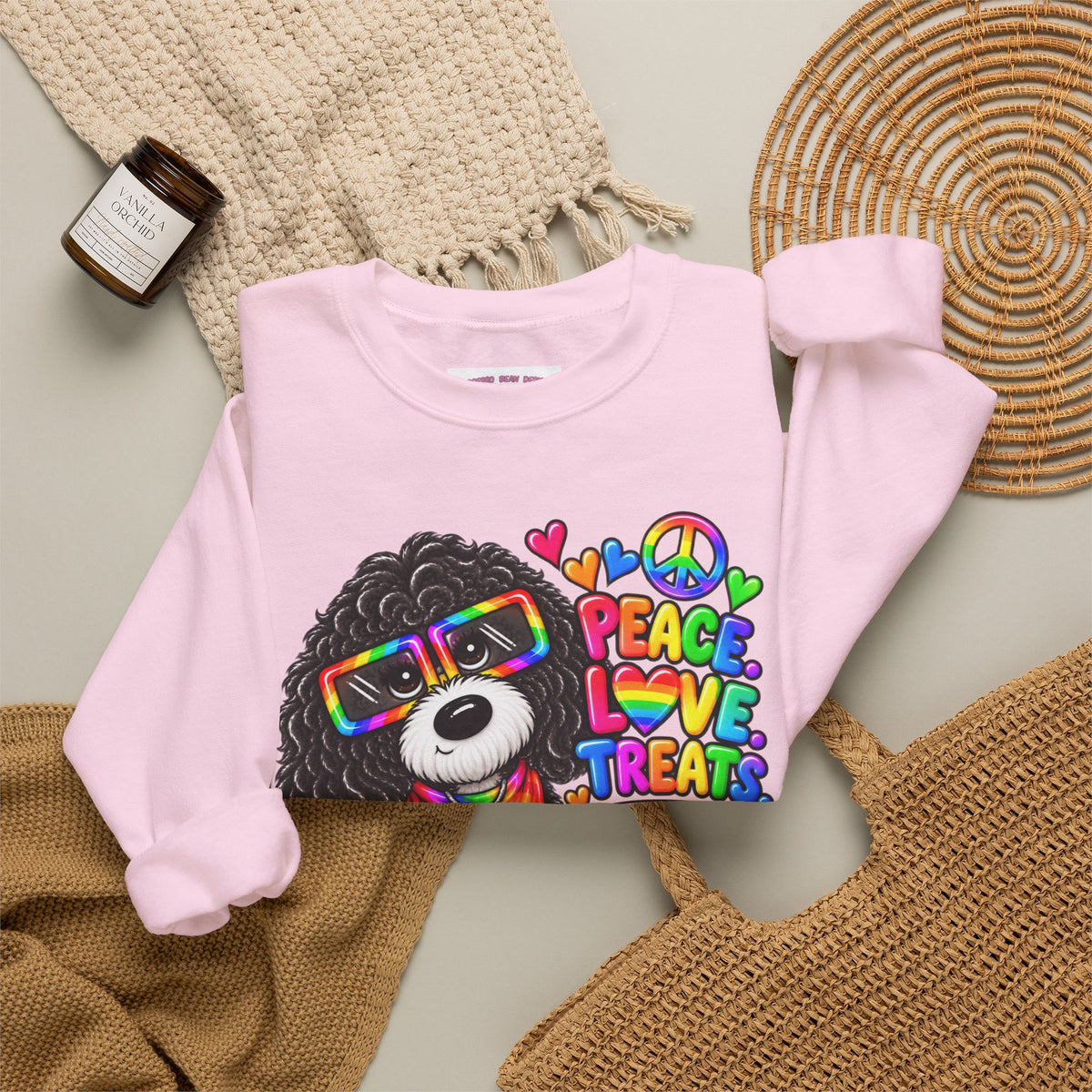 Peace, Love & Treats Dog Sweatshirt — Retro Hippie Puppy Crewneck