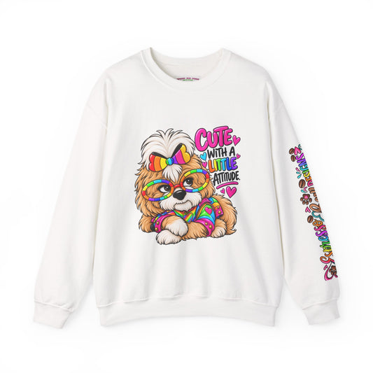 Cute Dog Crewneck Sweatshirt — "Cute With A Little Attitude" Colorful Puppy Design