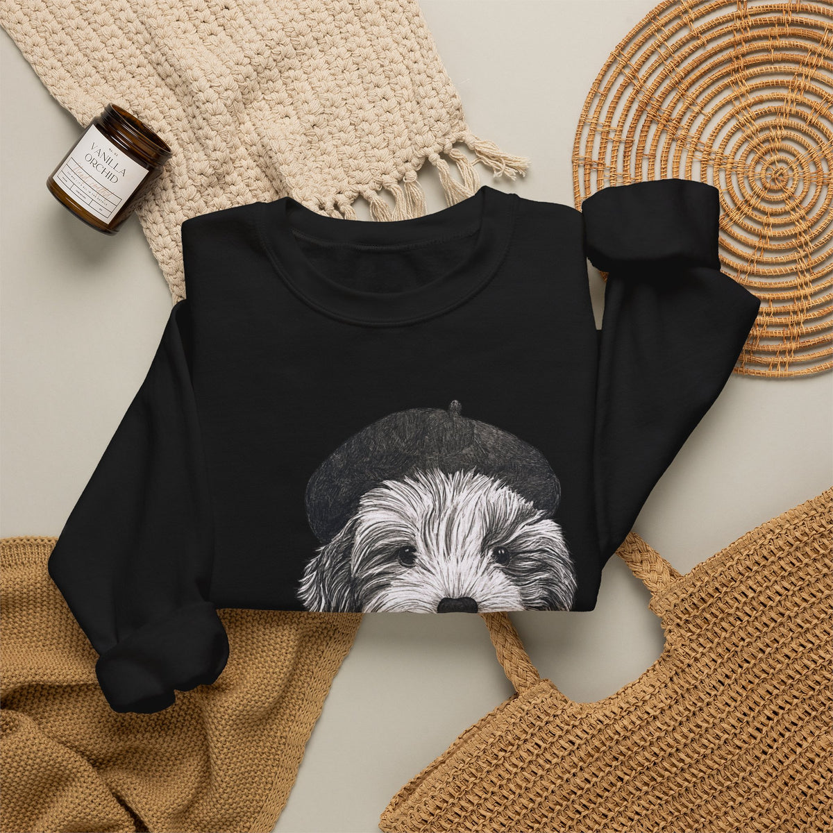French Pup Pierre Coffee Sweatshirt — Cute Puppy in Beret Graphic Crewneck