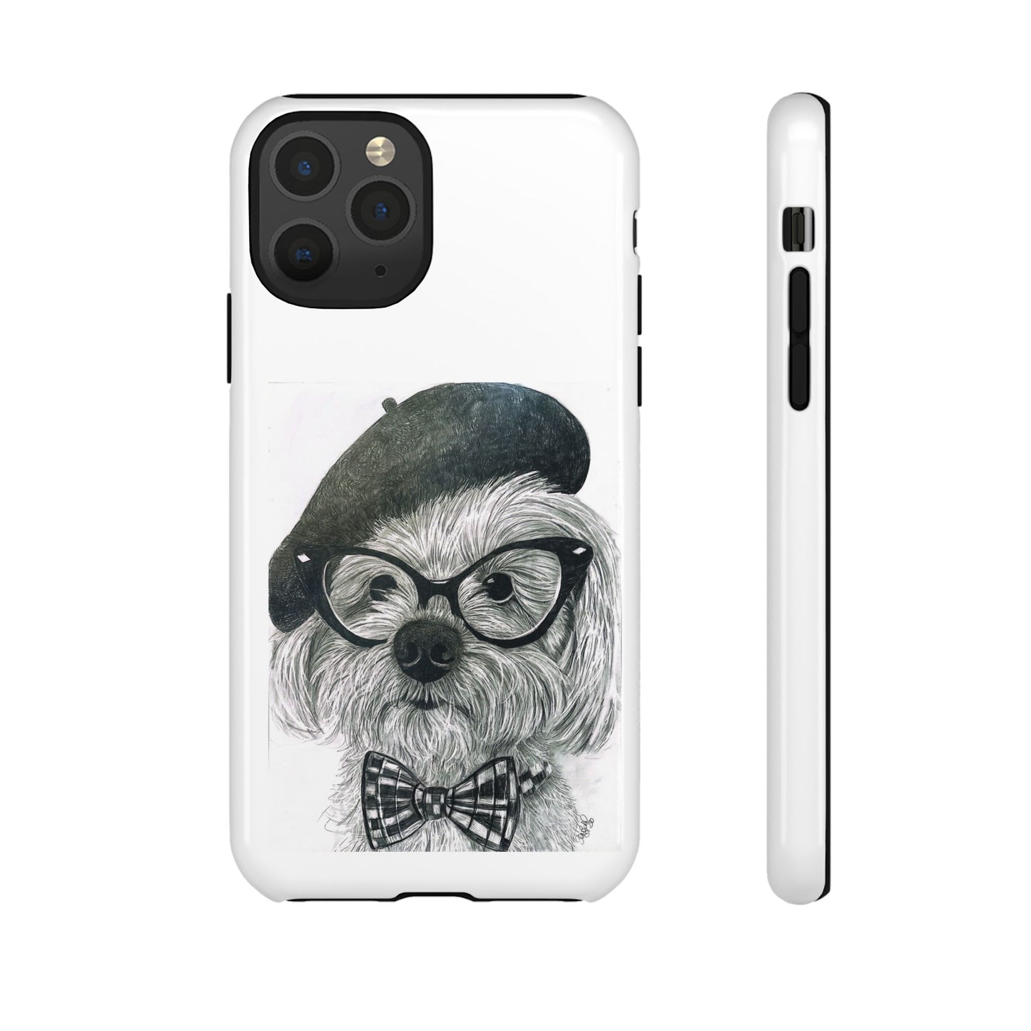 Dog Portrait Phone Case — Dexter with Beret, Glasses & Bow Tie