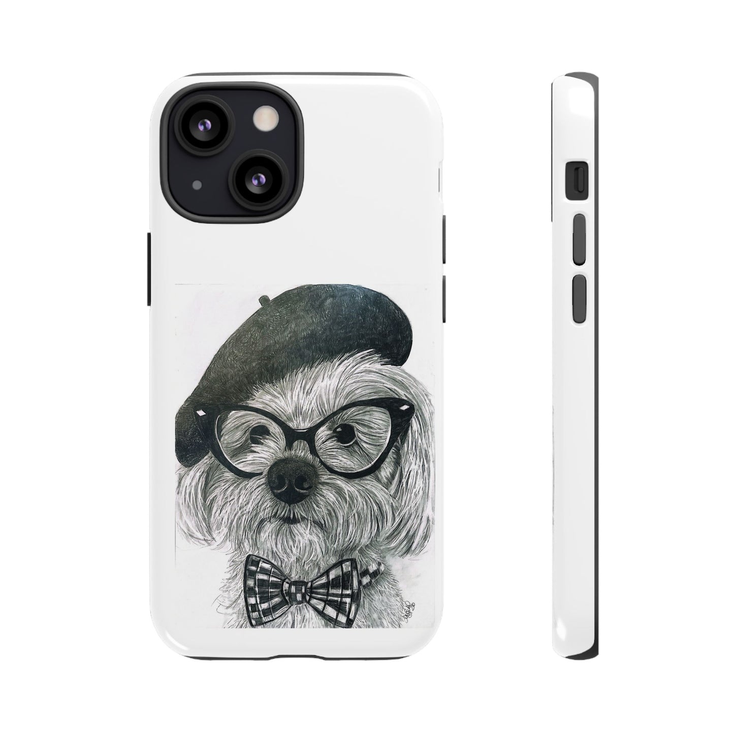 Dog Portrait Phone Case — Dexter with Beret, Glasses & Bow Tie