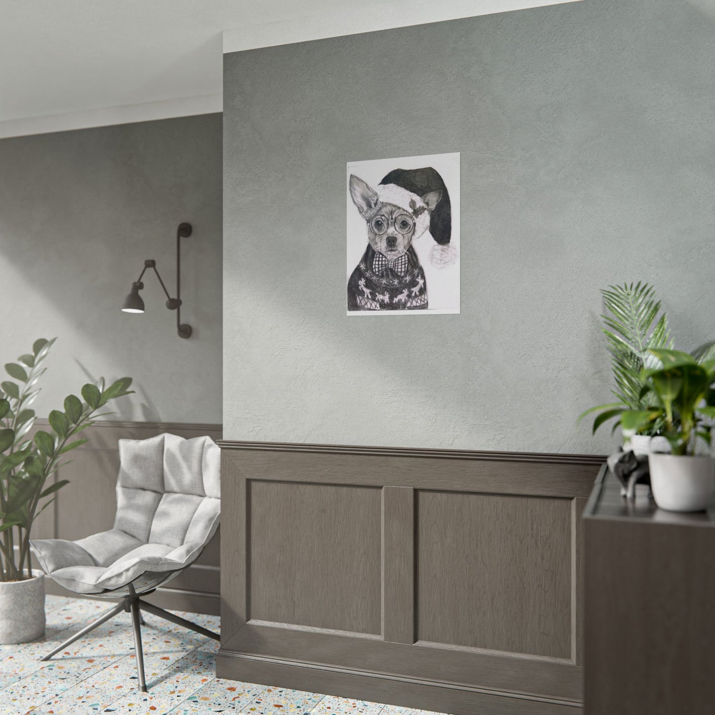 Brutus in Santa Hat Rolled Poster — Holiday Dog Art Print
