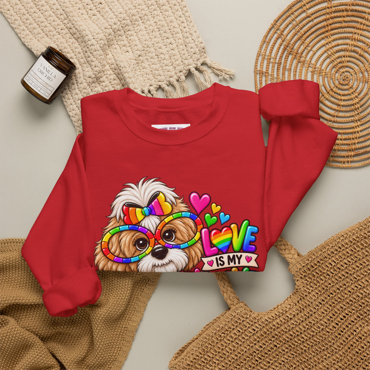 Rainbow Pup Crewneck Sweatshirt — "Love Is My Love Language" Cute Pride Dog Graphic